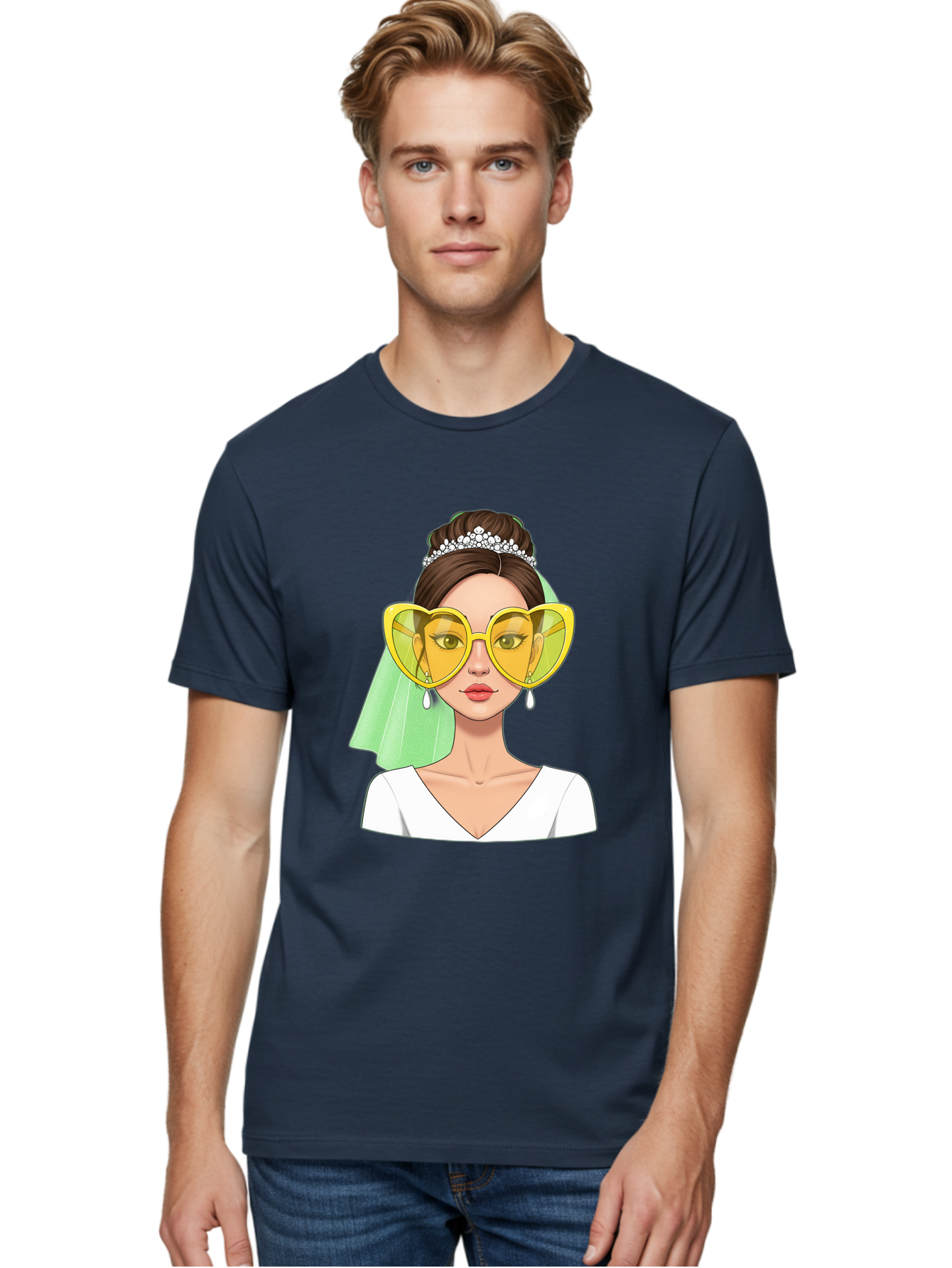 Bride-Heart-Sunglasses Men'S Graphic Tee, 100% Cotton, Comfortable Casual Summer Wear, Machine Washable, Bride With Heart-Shaped Sunglasses, Wedding Accessories, Fashionable Eyewear, Elegant Attire, Wedding Jewelry, Glamorous Look, Baa225