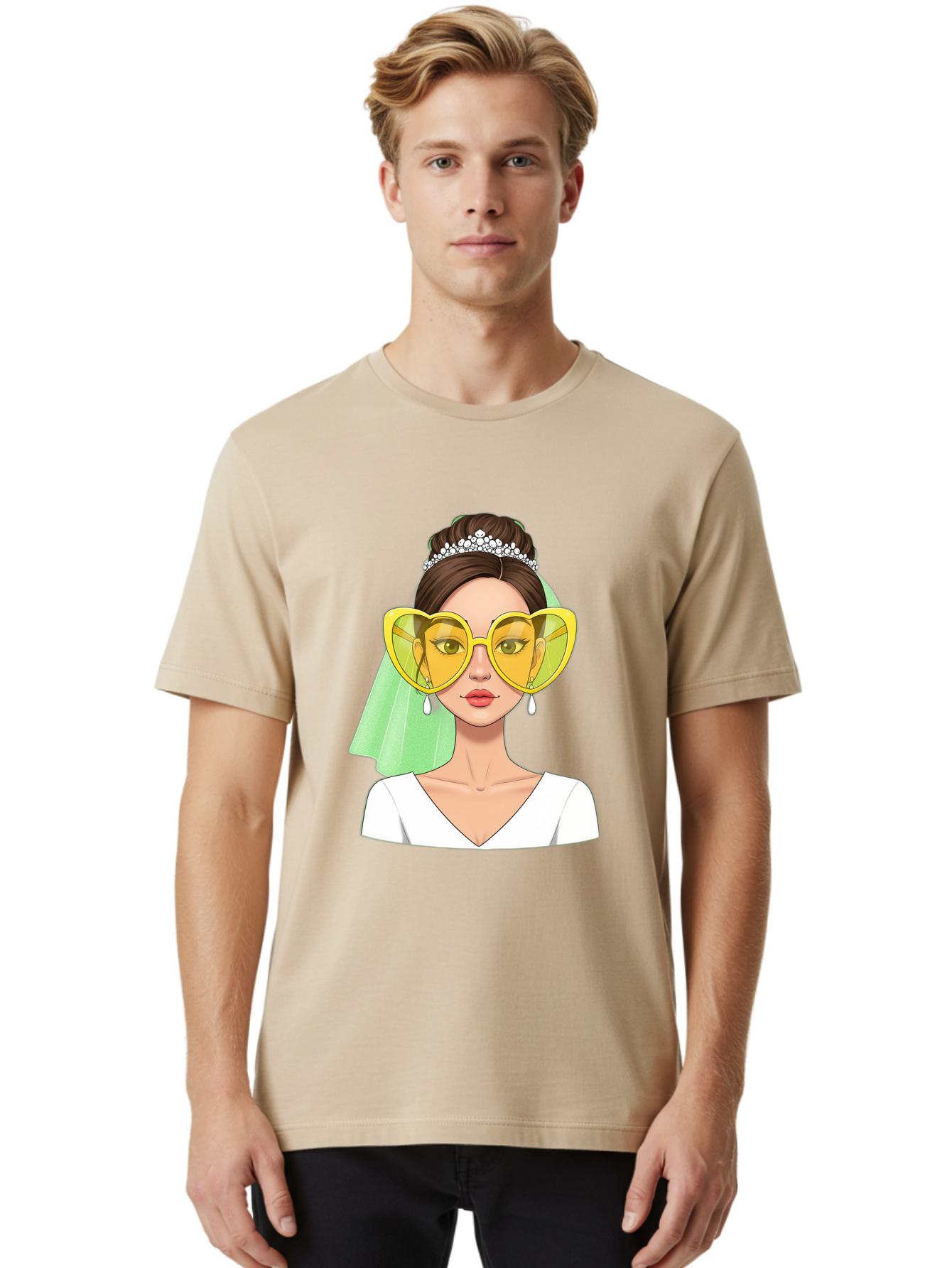 Bride-Heart-Sunglasses Men'S Graphic Tee, 100% Cotton, Comfortable Casual Summer Wear, Machine Washable, Bride With Heart-Shaped Sunglasses, Wedding Accessories, Fashionable Eyewear, Elegant Attire, Wedding Jewelry, Glamorous Look, Baa225