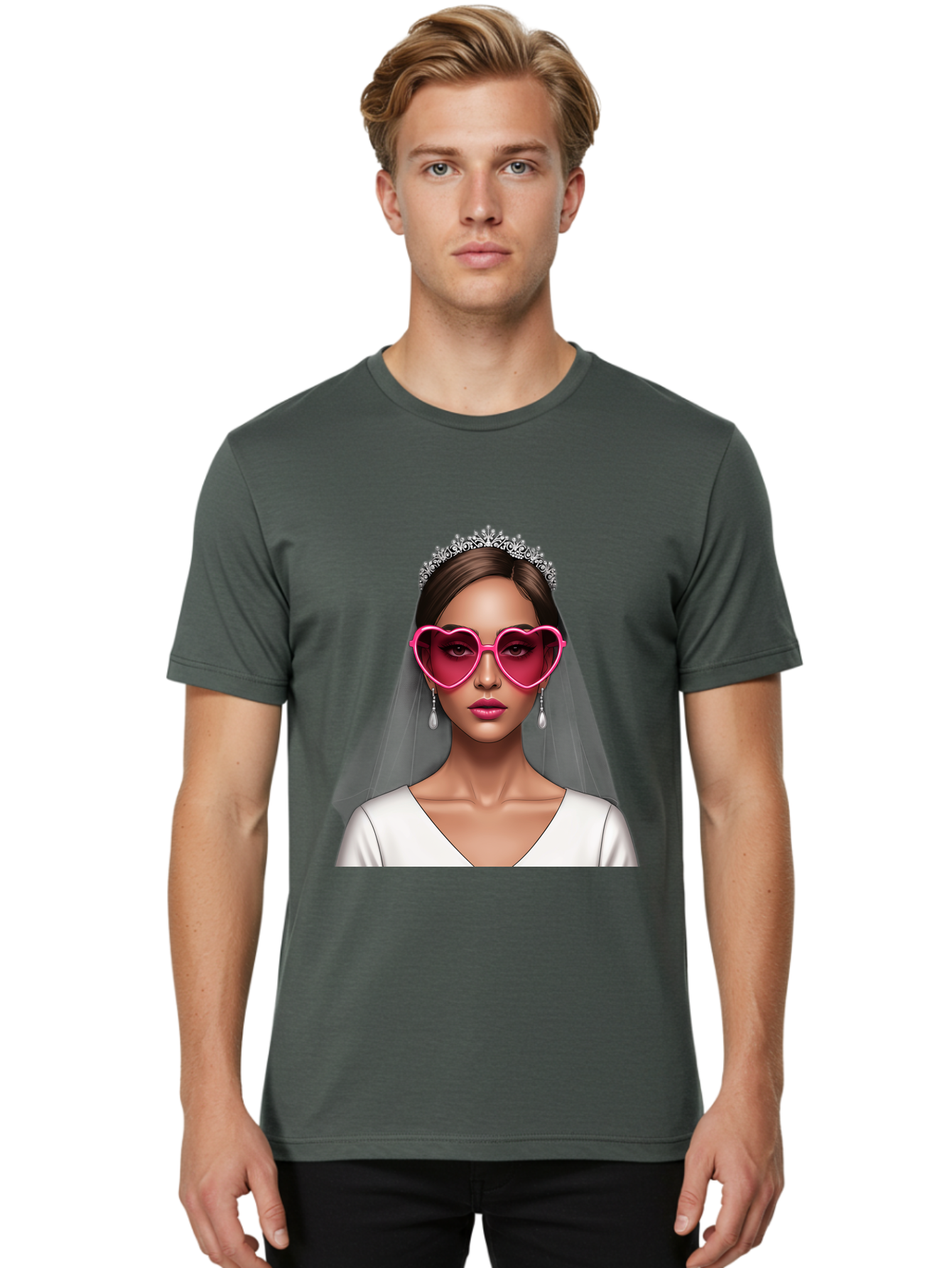 Bride-Portrait Men'S Graphic Tee, 100% Cotton, Comfortable Casual Summer Wear, Machine Washable, Bride Wearing Heart-Shaped Sunglasses, Tiara, White Dress, Wedding Veil, Dangle Earrings, Pink Lips, Fashionable Bride, Stylish Sunglasses, Baa226