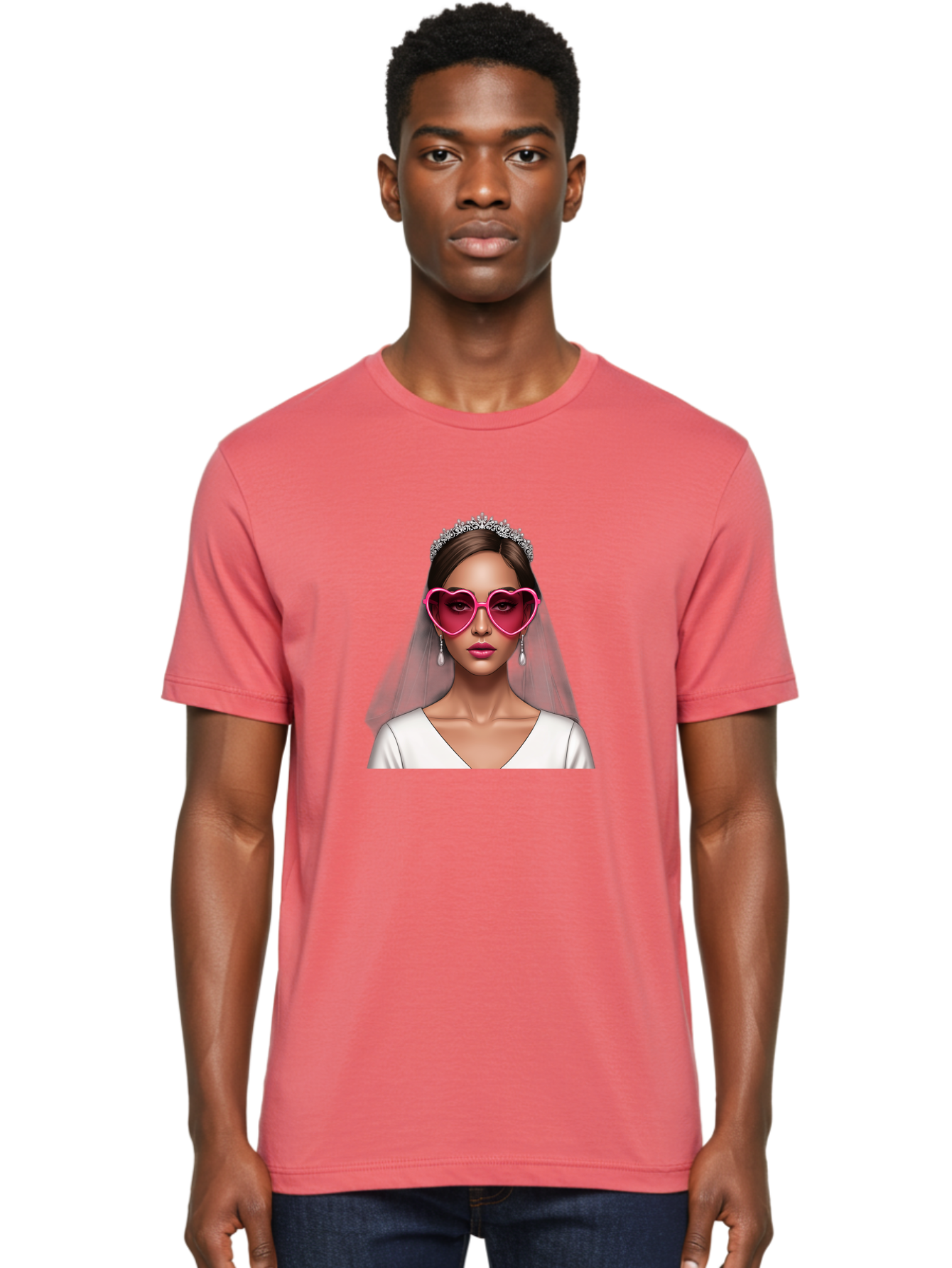 Bride-Portrait Men'S Graphic Tee, 100% Cotton, Comfortable Casual Summer Wear, Machine Washable, Bride Wearing Heart-Shaped Sunglasses, Tiara, White Dress, Wedding Veil, Dangle Earrings, Pink Lips, Fashionable Bride, Stylish Sunglasses, Baa226