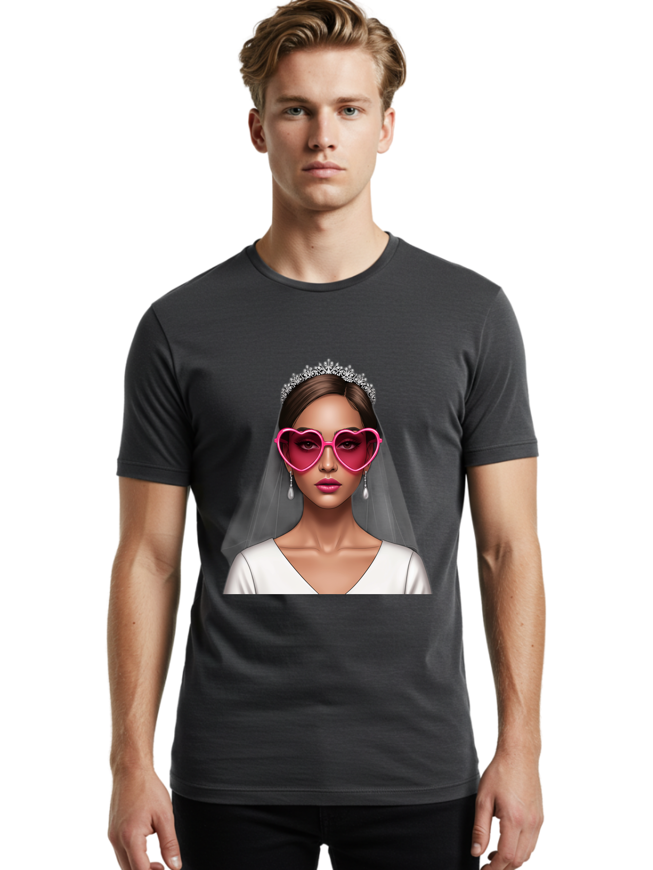 Bride-Portrait Men'S Graphic Tee, 100% Cotton, Comfortable Casual Summer Wear, Machine Washable, Bride Wearing Heart-Shaped Sunglasses, Tiara, White Dress, Wedding Veil, Dangle Earrings, Pink Lips, Fashionable Bride, Stylish Sunglasses, Baa226