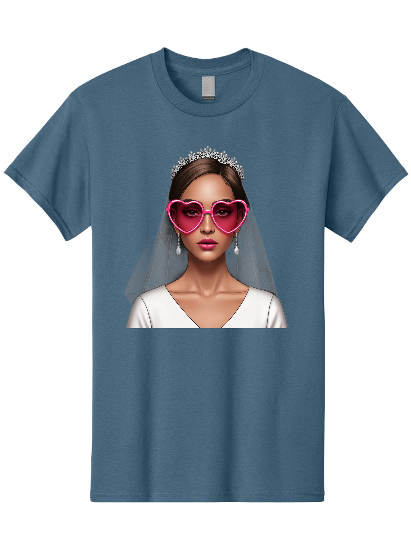 Bride-Portrait Men'S Graphic Tee, 100% Cotton, Comfortable Casual Summer Wear, Machine Washable, Bride Wearing Heart-Shaped Sunglasses, Tiara, White Dress, Wedding Veil, Dangle Earrings, Pink Lips, Fashionable Bride, Stylish Sunglasses, Baa226