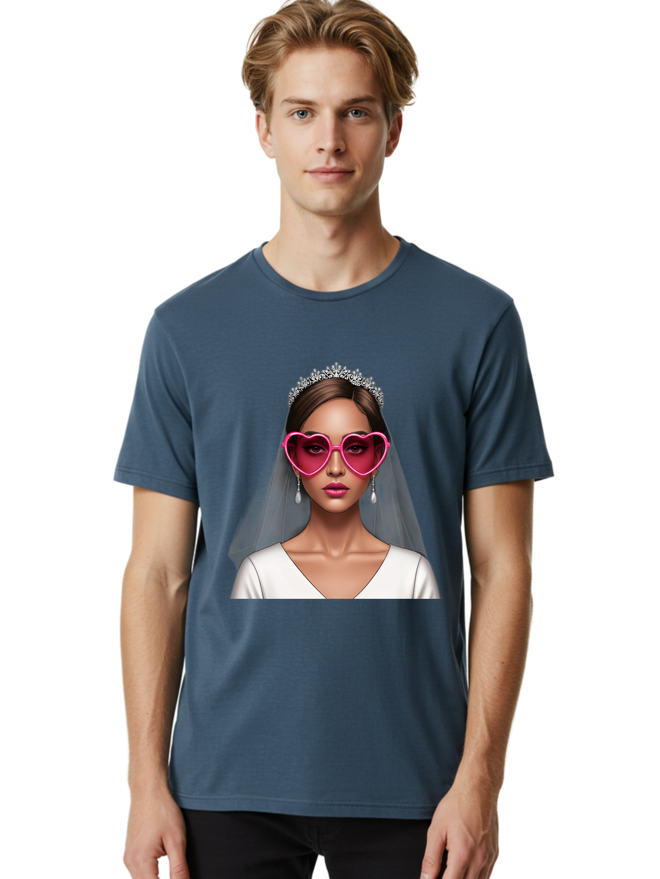 Bride-Portrait Men'S Graphic Tee, 100% Cotton, Comfortable Casual Summer Wear, Machine Washable, Bride Wearing Heart-Shaped Sunglasses, Tiara, White Dress, Wedding Veil, Dangle Earrings, Pink Lips, Fashionable Bride, Stylish Sunglasses, Baa226