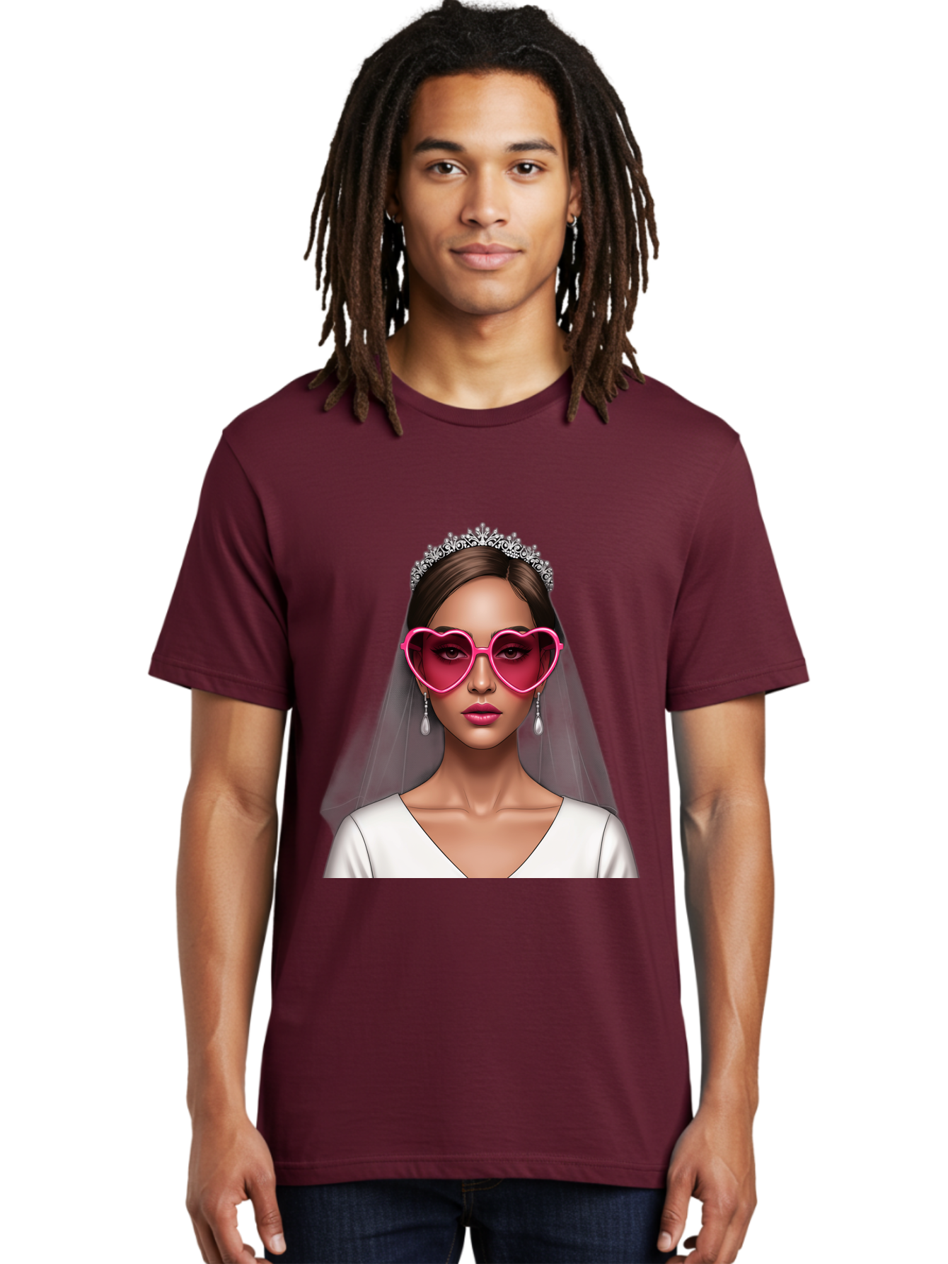 Bride-Portrait Men'S Graphic Tee, 100% Cotton, Comfortable Casual Summer Wear, Machine Washable, Bride Wearing Heart-Shaped Sunglasses, Tiara, White Dress, Wedding Veil, Dangle Earrings, Pink Lips, Fashionable Bride, Stylish Sunglasses, Baa226