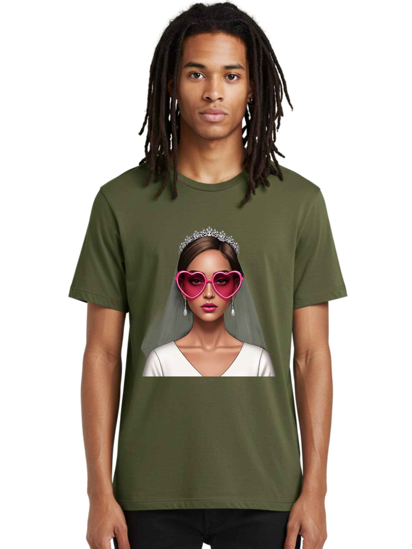 Bride-Portrait Men'S Graphic Tee, 100% Cotton, Comfortable Casual Summer Wear, Machine Washable, Bride Wearing Heart-Shaped Sunglasses, Tiara, White Dress, Wedding Veil, Dangle Earrings, Pink Lips, Fashionable Bride, Stylish Sunglasses, Baa226