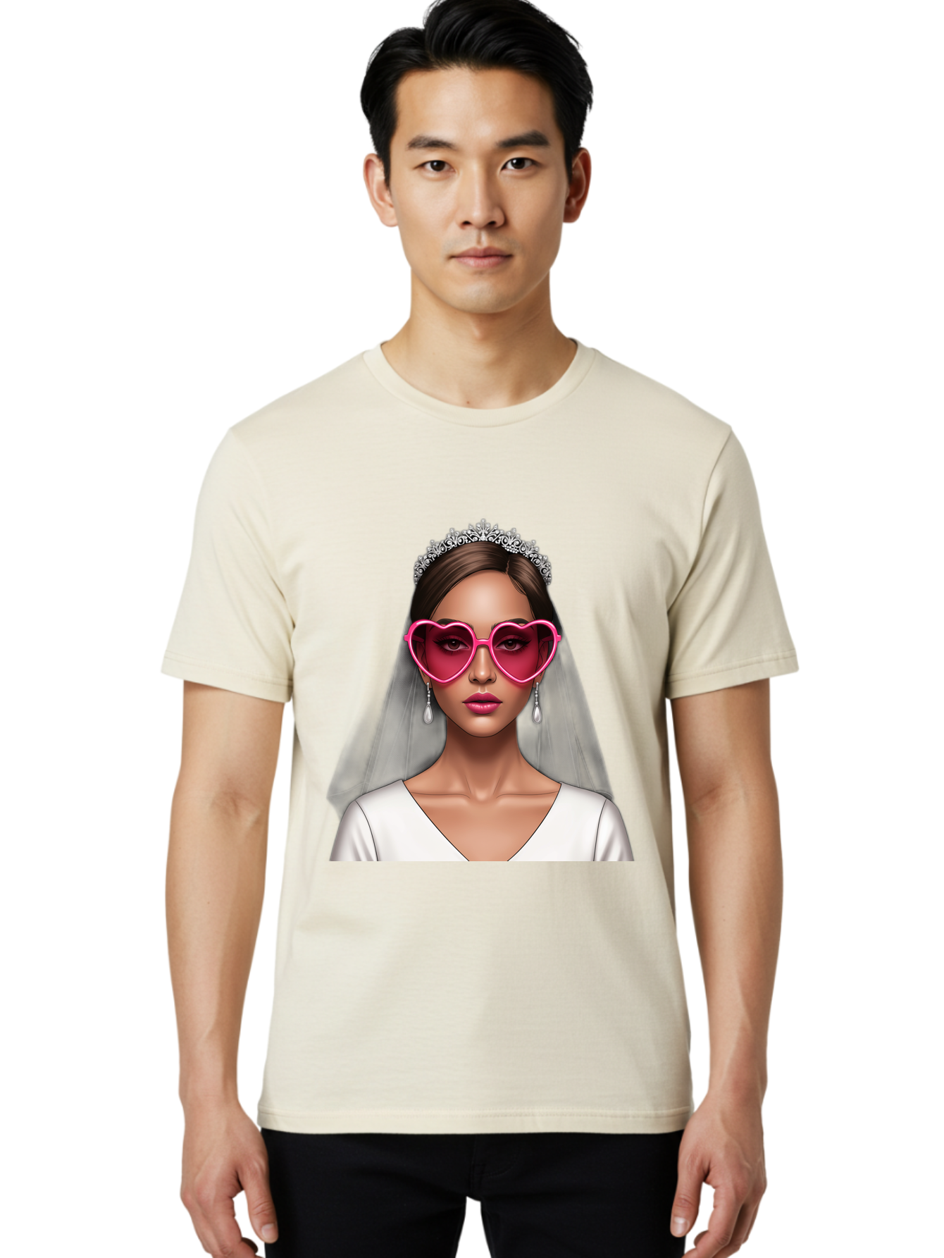 Bride-Portrait Men'S Graphic Tee, 100% Cotton, Comfortable Casual Summer Wear, Machine Washable, Bride Wearing Heart-Shaped Sunglasses, Tiara, White Dress, Wedding Veil, Dangle Earrings, Pink Lips, Fashionable Bride, Stylish Sunglasses, Baa226