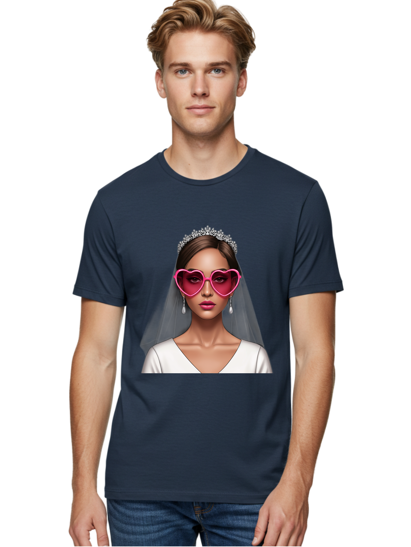 Bride-Portrait Men'S Graphic Tee, 100% Cotton, Comfortable Casual Summer Wear, Machine Washable, Bride Wearing Heart-Shaped Sunglasses, Tiara, White Dress, Wedding Veil, Dangle Earrings, Pink Lips, Fashionable Bride, Stylish Sunglasses, Baa226