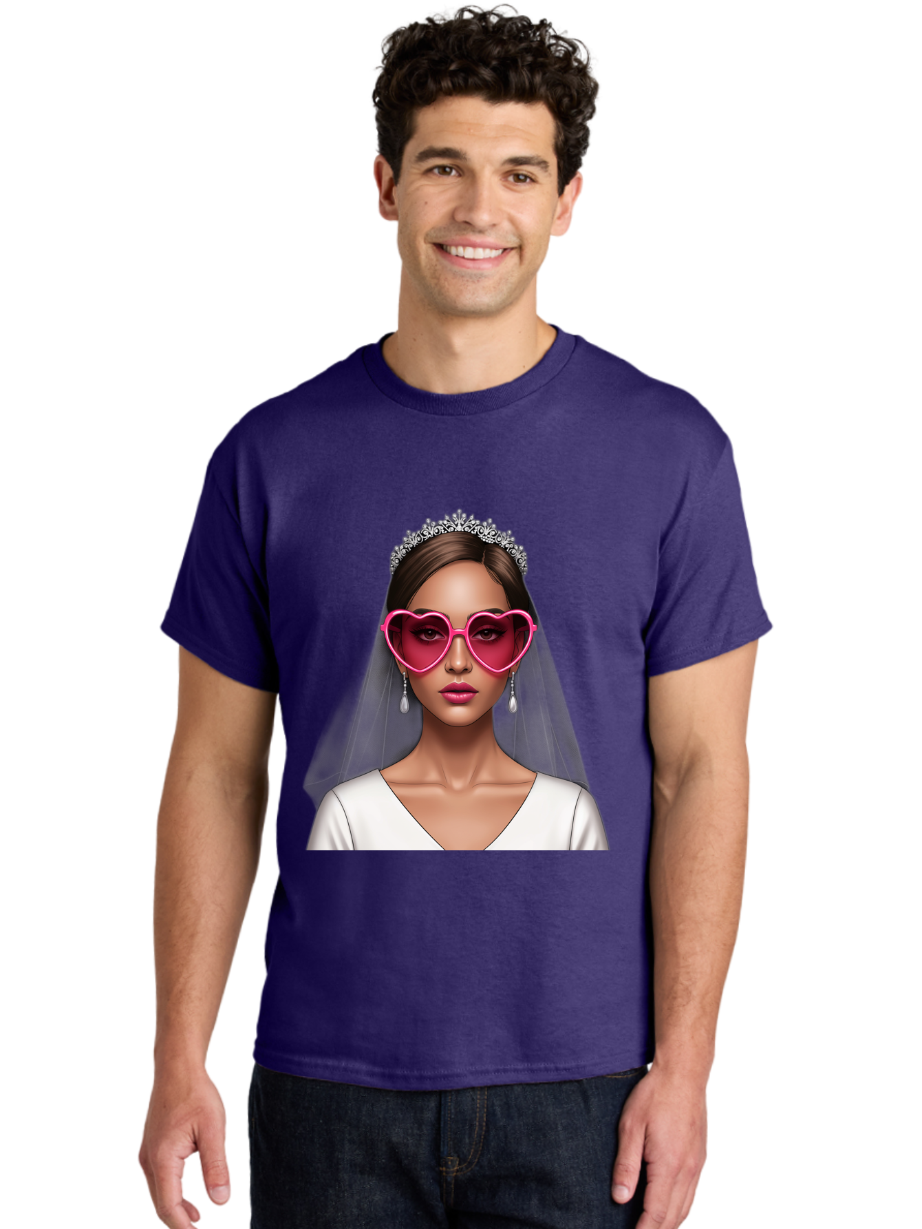 Bride-Portrait Men'S Graphic Tee, 100% Cotton, Comfortable Casual Summer Wear, Machine Washable, Bride Wearing Heart-Shaped Sunglasses, Tiara, White Dress, Wedding Veil, Dangle Earrings, Pink Lips, Fashionable Bride, Stylish Sunglasses, Baa226