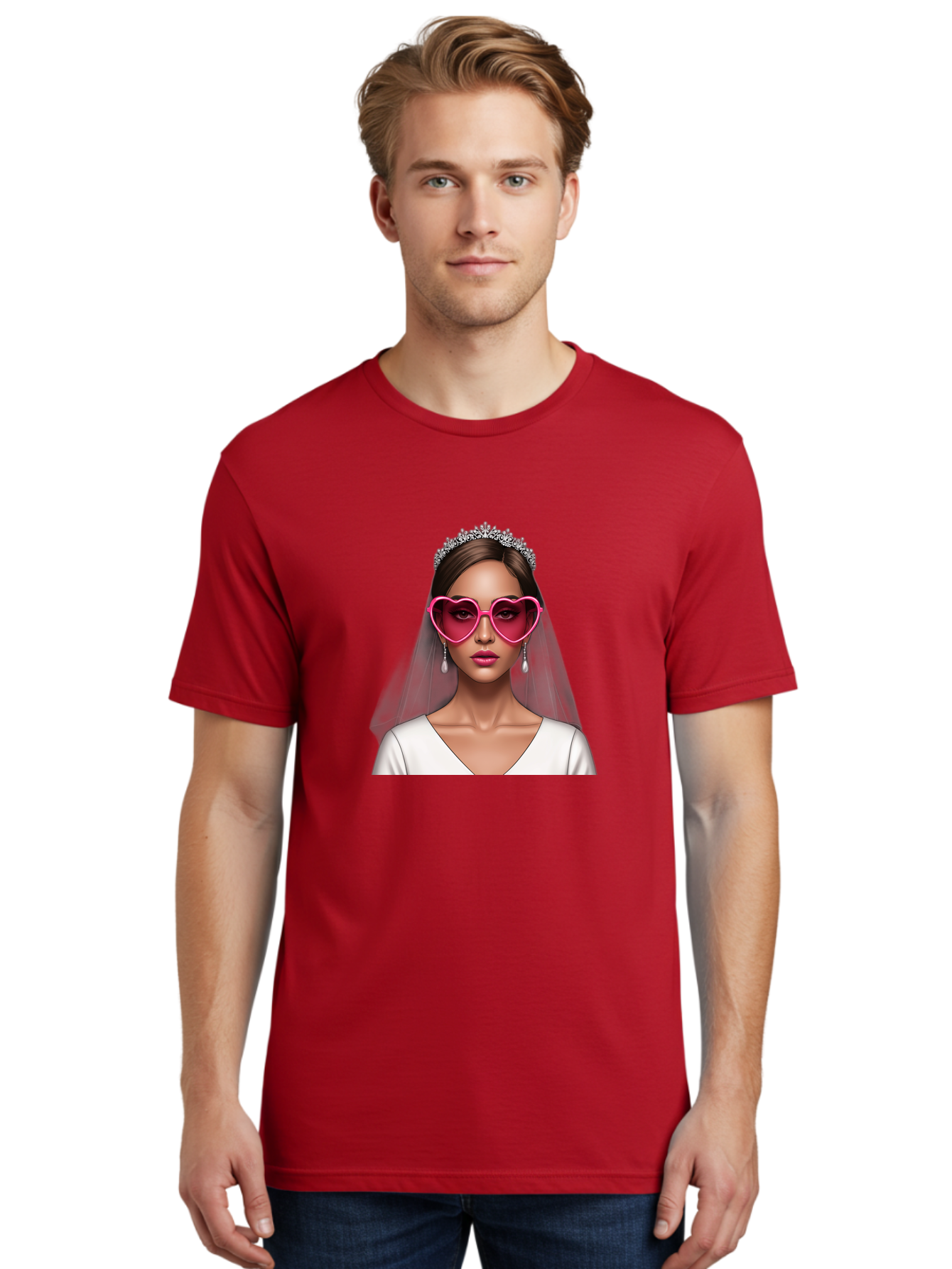 Bride-Portrait Men'S Graphic Tee, 100% Cotton, Comfortable Casual Summer Wear, Machine Washable, Bride Wearing Heart-Shaped Sunglasses, Tiara, White Dress, Wedding Veil, Dangle Earrings, Pink Lips, Fashionable Bride, Stylish Sunglasses, Baa226