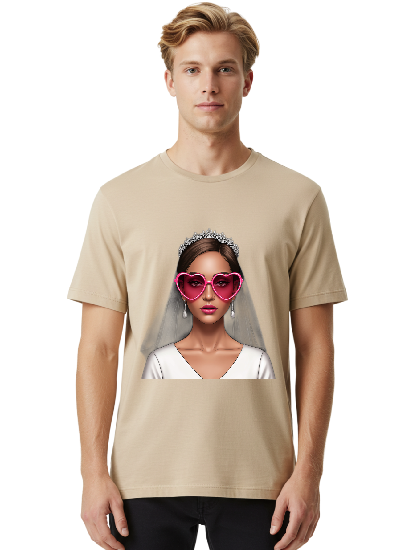 Bride-Portrait Men'S Graphic Tee, 100% Cotton, Comfortable Casual Summer Wear, Machine Washable, Bride Wearing Heart-Shaped Sunglasses, Tiara, White Dress, Wedding Veil, Dangle Earrings, Pink Lips, Fashionable Bride, Stylish Sunglasses, Baa226