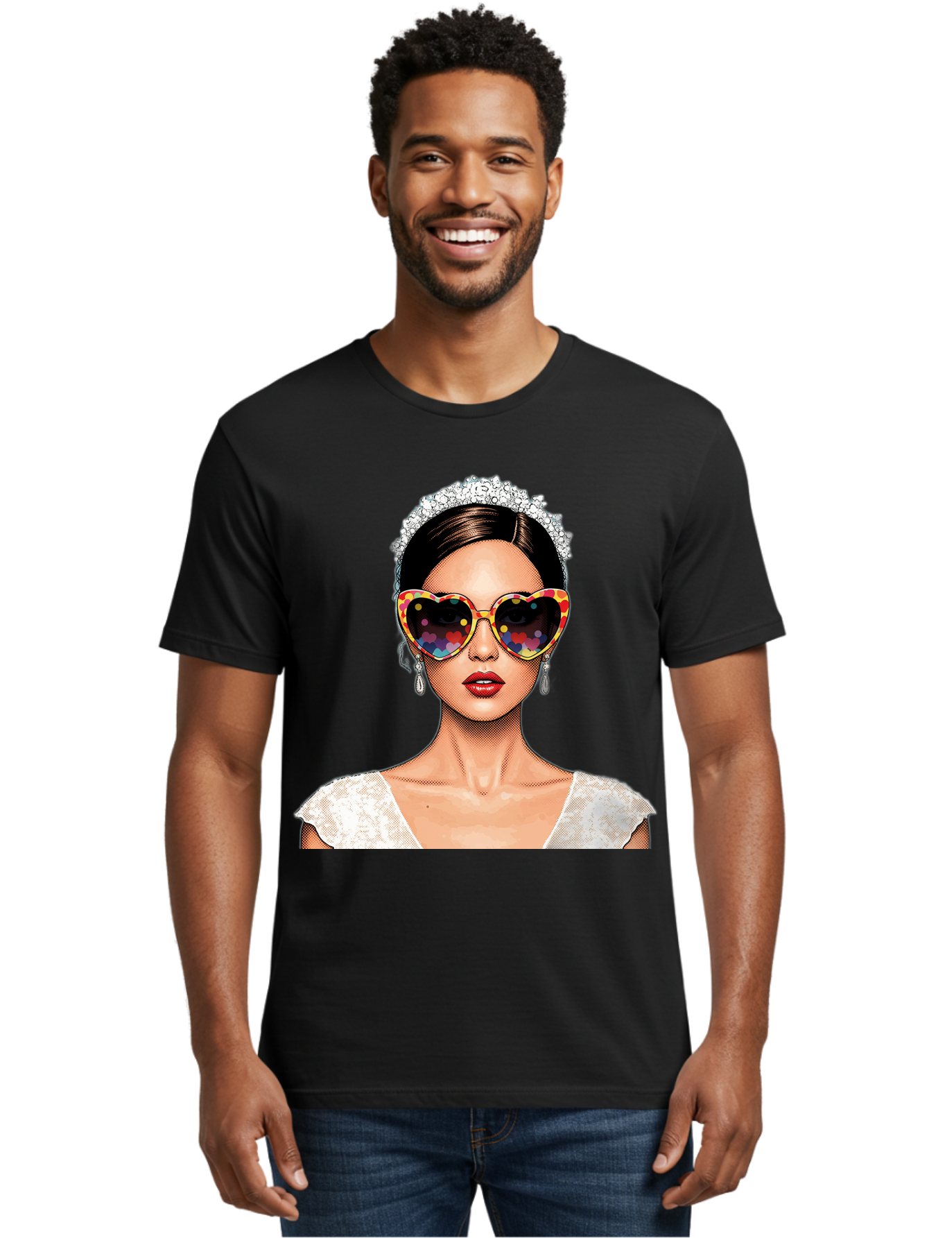 Bride-Sunglasses Men'S Graphic Tee, 100% Cotton, Comfortable Casual Summer Wear, Machine Washable, Bride With Sunglasses, Heart-Shaped Glasses, Rainbow Colors, Wedding Accessories, White Wedding Dress, Red Lips, Earrings, Tiara, Baa227