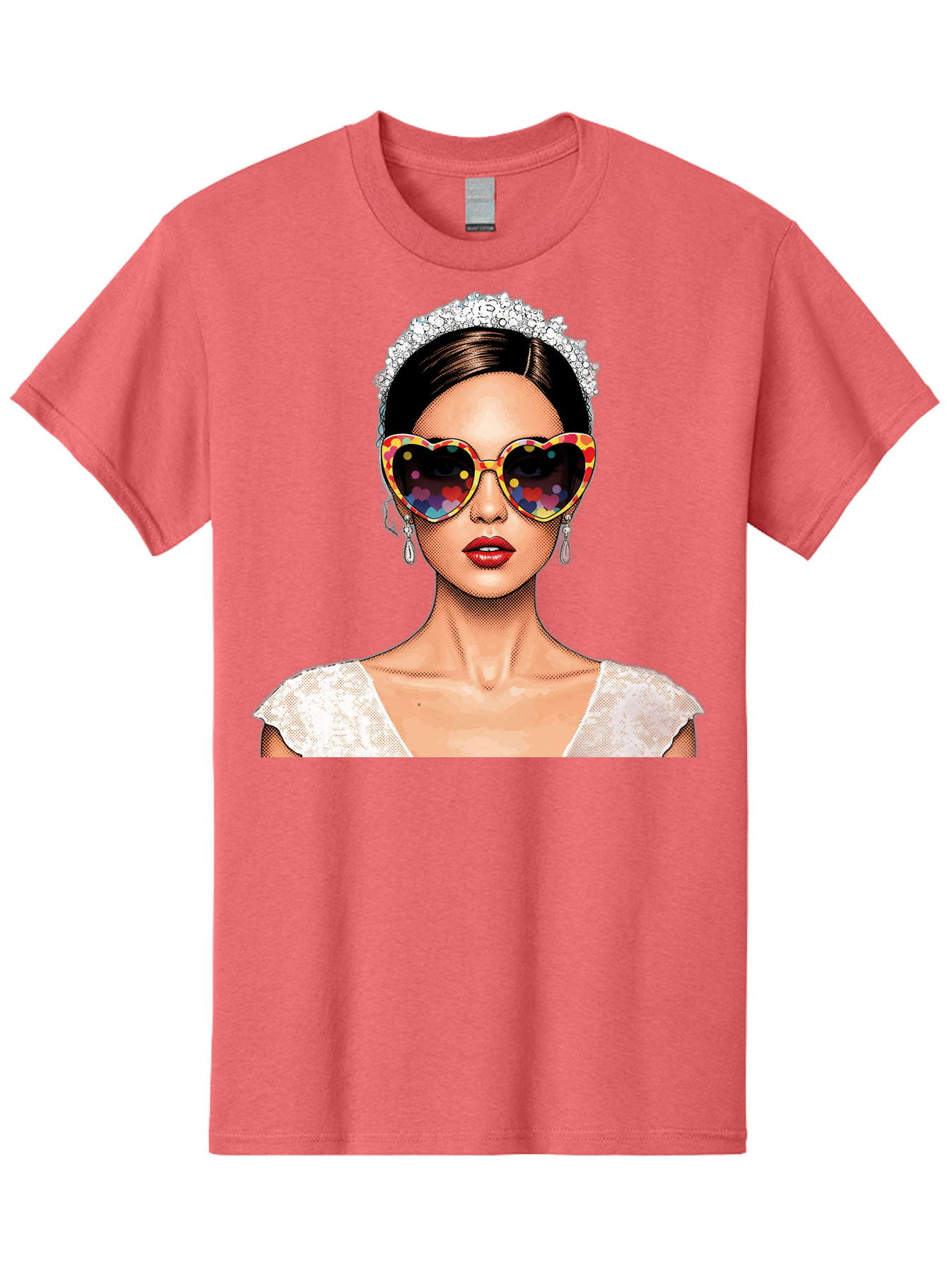 Bride-Sunglasses Men'S Graphic Tee, 100% Cotton, Comfortable Casual Summer Wear, Machine Washable, Bride With Sunglasses, Heart-Shaped Glasses, Rainbow Colors, Wedding Accessories, White Wedding Dress, Red Lips, Earrings, Tiara, Baa227