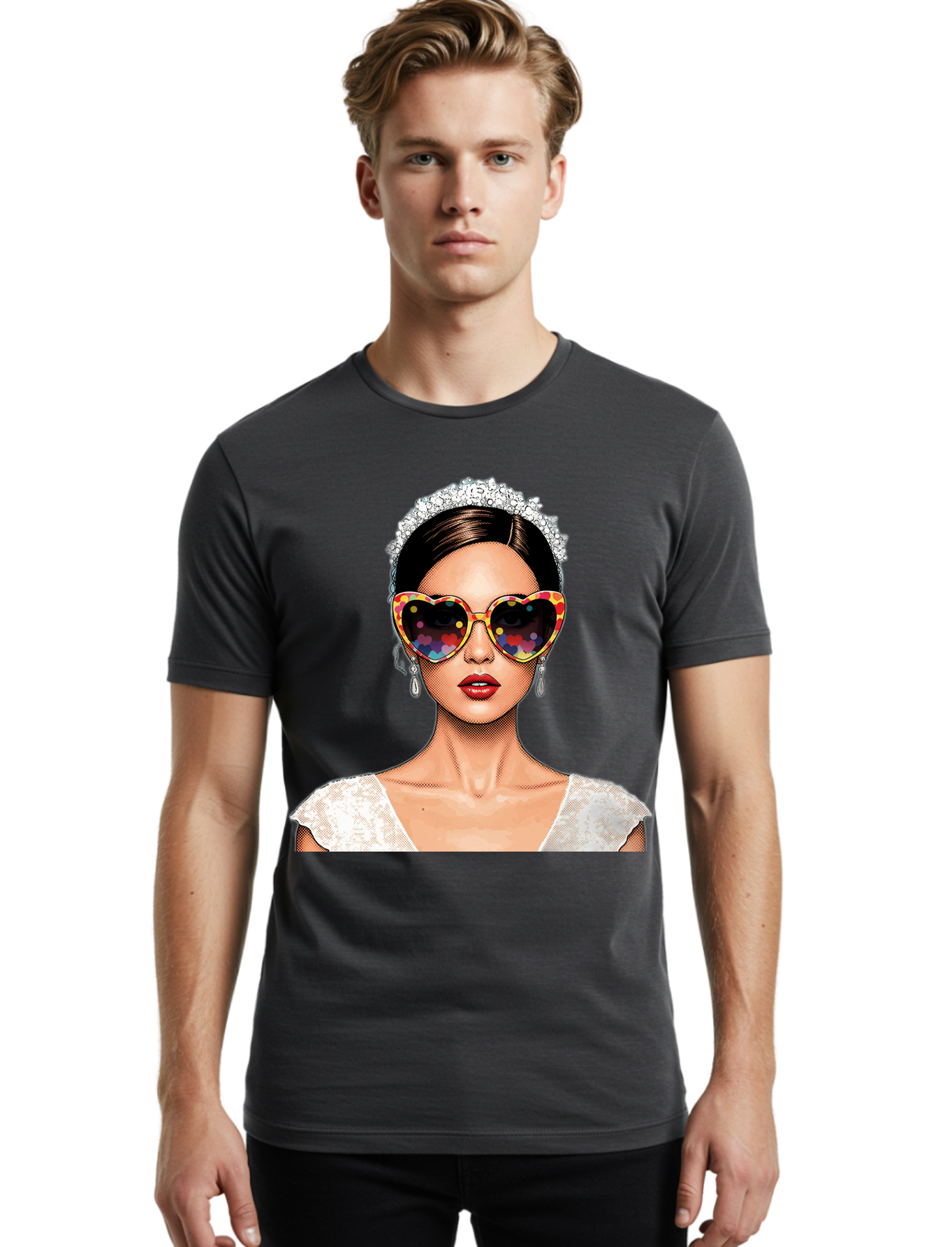 Bride-Sunglasses Men'S Graphic Tee, 100% Cotton, Comfortable Casual Summer Wear, Machine Washable, Bride With Sunglasses, Heart-Shaped Glasses, Rainbow Colors, Wedding Accessories, White Wedding Dress, Red Lips, Earrings, Tiara, Baa227