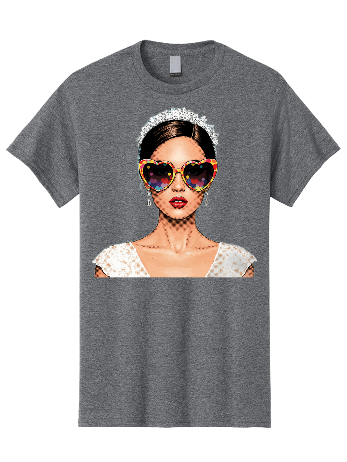 Bride-Sunglasses Men'S Graphic Tee, 100% Cotton, Comfortable Casual Summer Wear, Machine Washable, Bride With Sunglasses, Heart-Shaped Glasses, Rainbow Colors, Wedding Accessories, White Wedding Dress, Red Lips, Earrings, Tiara, Baa227