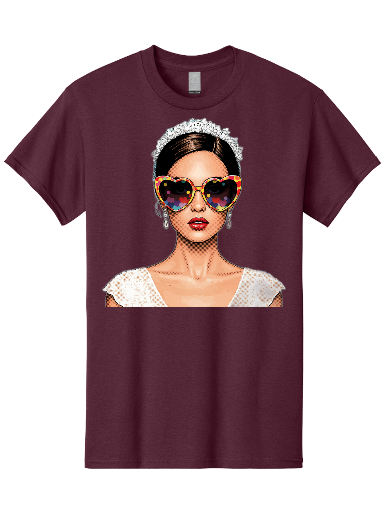 Bride-Sunglasses Men'S Graphic Tee, 100% Cotton, Comfortable Casual Summer Wear, Machine Washable, Bride With Sunglasses, Heart-Shaped Glasses, Rainbow Colors, Wedding Accessories, White Wedding Dress, Red Lips, Earrings, Tiara, Baa227