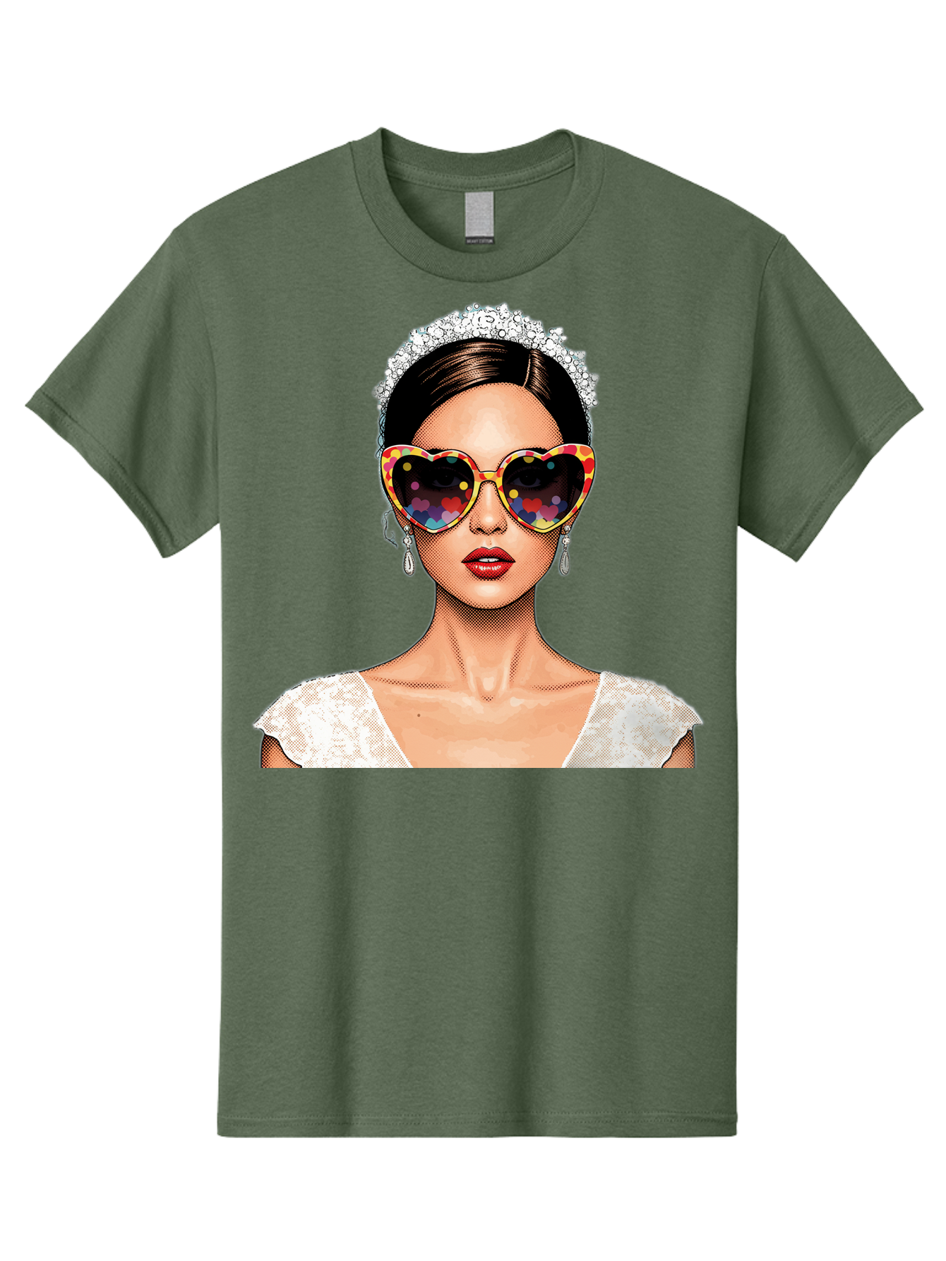 Bride-Sunglasses Men'S Graphic Tee, 100% Cotton, Comfortable Casual Summer Wear, Machine Washable, Bride With Sunglasses, Heart-Shaped Glasses, Rainbow Colors, Wedding Accessories, White Wedding Dress, Red Lips, Earrings, Tiara, Baa227
