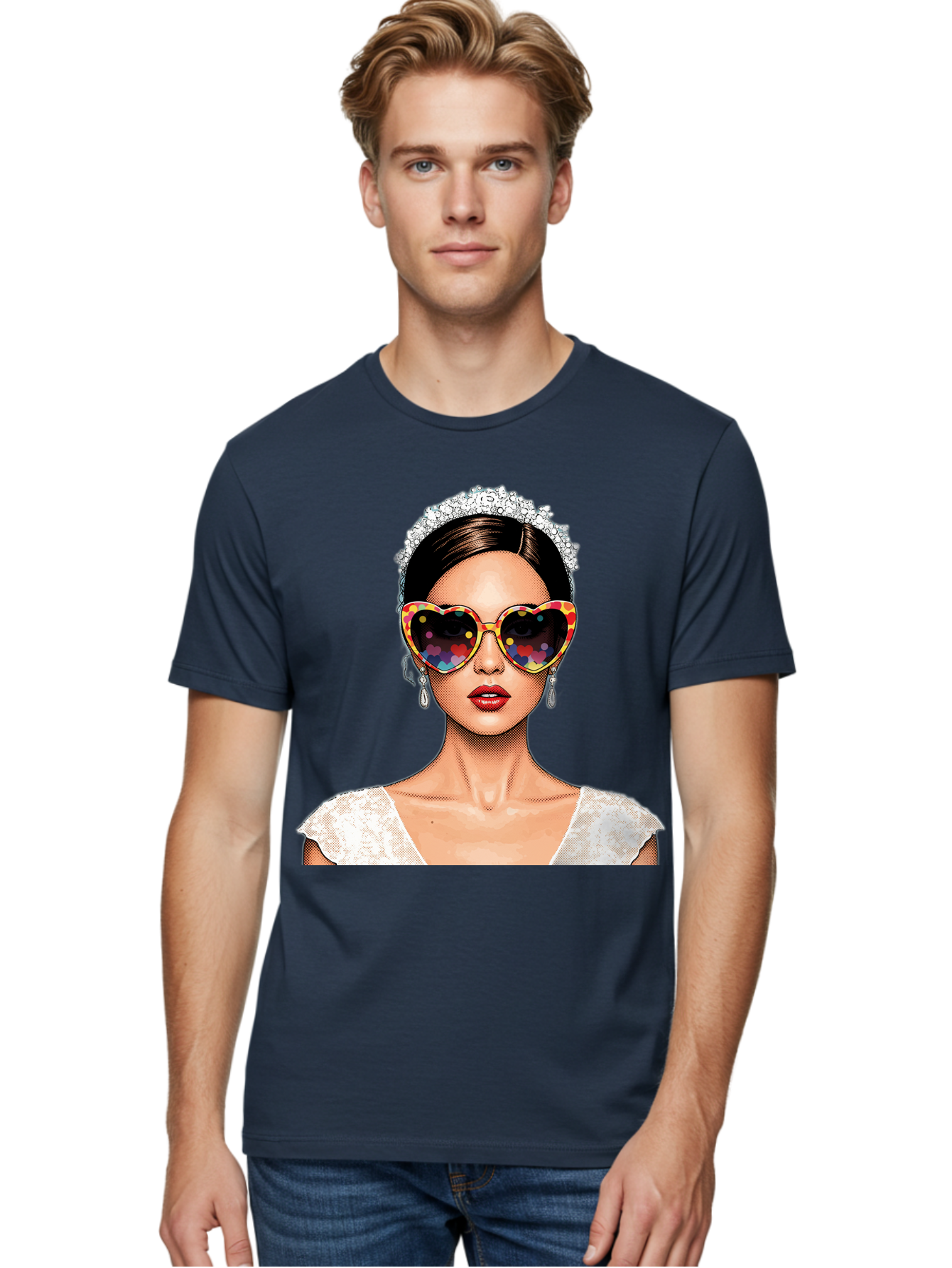 Bride-Sunglasses Men'S Graphic Tee, 100% Cotton, Comfortable Casual Summer Wear, Machine Washable, Bride With Sunglasses, Heart-Shaped Glasses, Rainbow Colors, Wedding Accessories, White Wedding Dress, Red Lips, Earrings, Tiara, Baa227