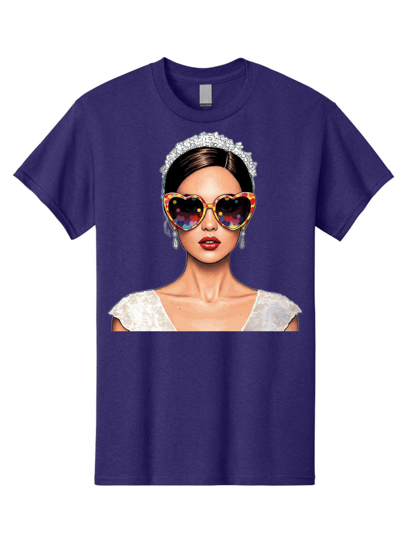 Bride-Sunglasses Men'S Graphic Tee, 100% Cotton, Comfortable Casual Summer Wear, Machine Washable, Bride With Sunglasses, Heart-Shaped Glasses, Rainbow Colors, Wedding Accessories, White Wedding Dress, Red Lips, Earrings, Tiara, Baa227
