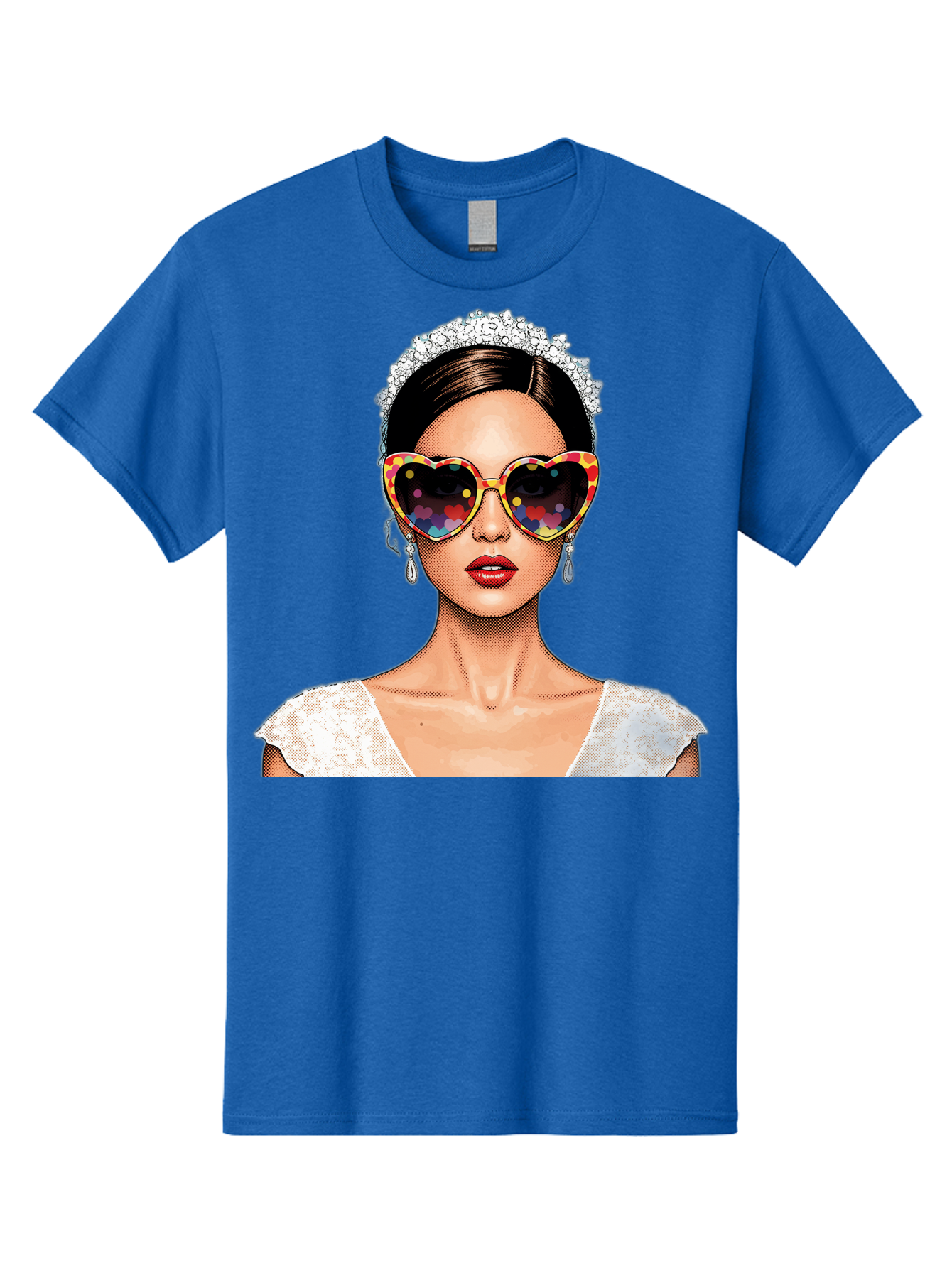 Bride-Sunglasses Men'S Graphic Tee, 100% Cotton, Comfortable Casual Summer Wear, Machine Washable, Bride With Sunglasses, Heart-Shaped Glasses, Rainbow Colors, Wedding Accessories, White Wedding Dress, Red Lips, Earrings, Tiara, Baa227