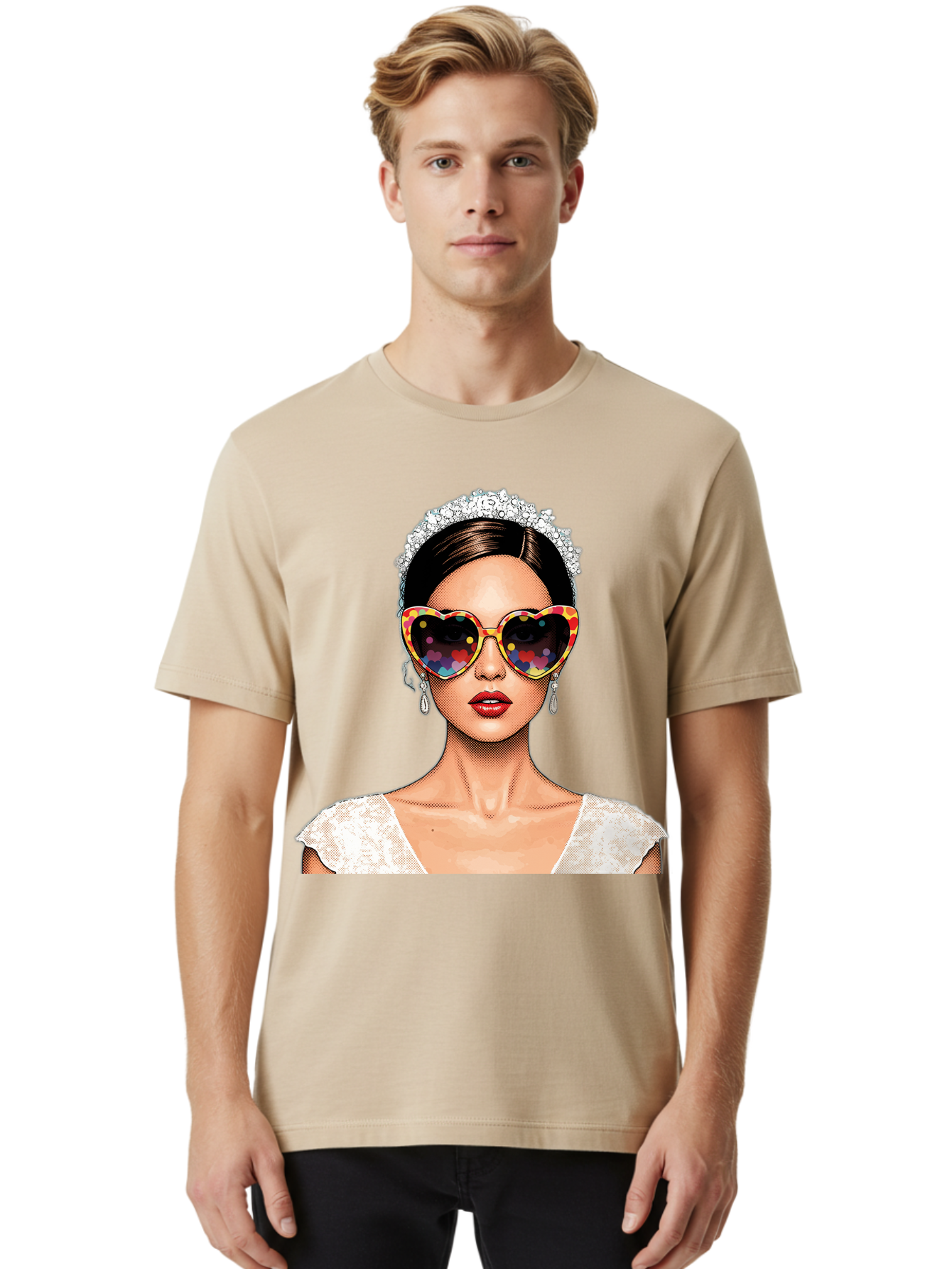 Bride-Sunglasses Men'S Graphic Tee, 100% Cotton, Comfortable Casual Summer Wear, Machine Washable, Bride With Sunglasses, Heart-Shaped Glasses, Rainbow Colors, Wedding Accessories, White Wedding Dress, Red Lips, Earrings, Tiara, Baa227