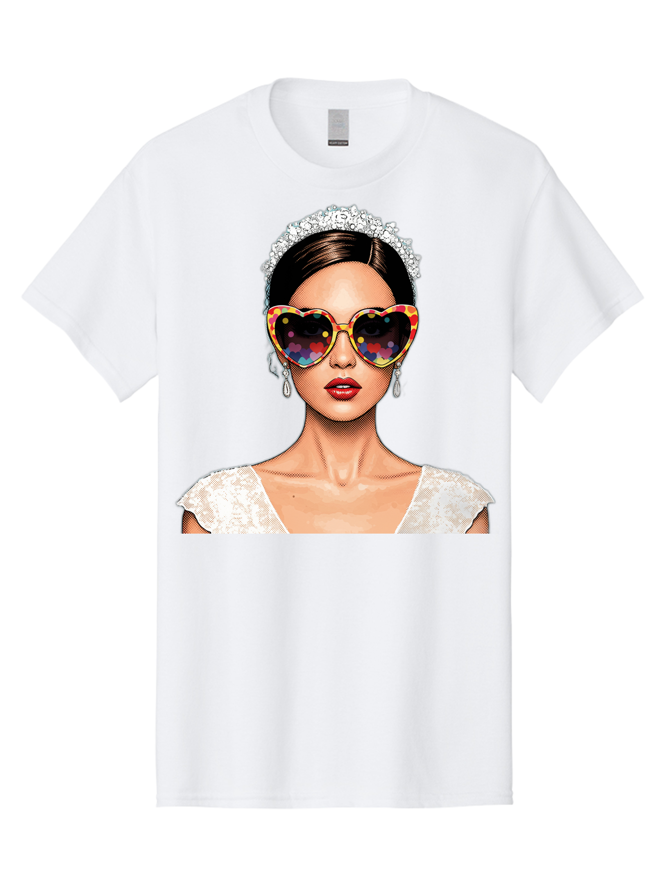 Bride-Sunglasses Men'S Graphic Tee, 100% Cotton, Comfortable Casual Summer Wear, Machine Washable, Bride With Sunglasses, Heart-Shaped Glasses, Rainbow Colors, Wedding Accessories, White Wedding Dress, Red Lips, Earrings, Tiara, Baa227