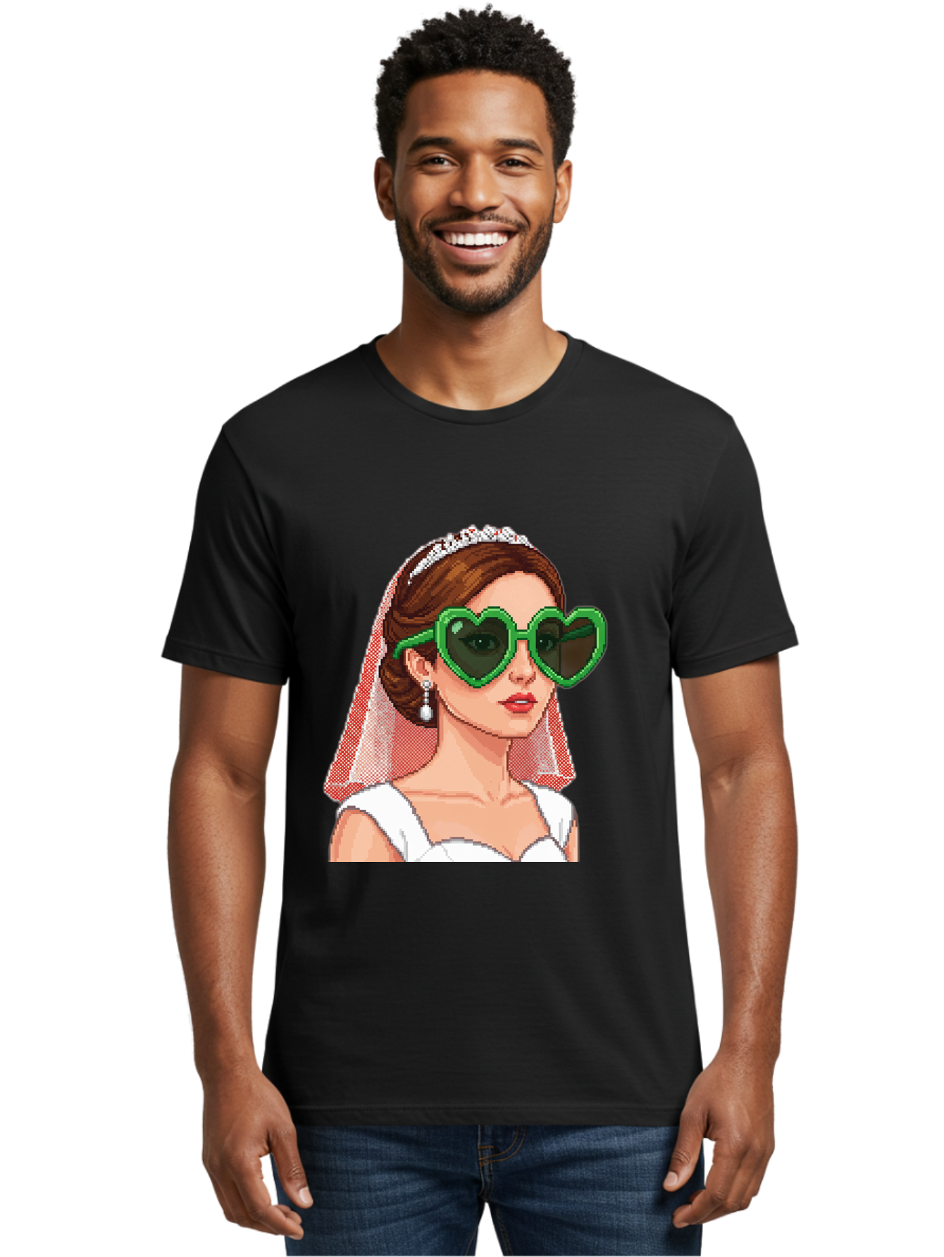 Bride-With-Heart-Shaped-Sunglasses-1 Men'S Graphic Tee, 100% Cotton, Comfortable Casual Summer Wear, Machine Washable, Bride Wearing Heart-Shaped Sunglasses, Trendy Wedding Attire, Stylish Accessories, Veil And Tiara, Modern Fashion, Baa228