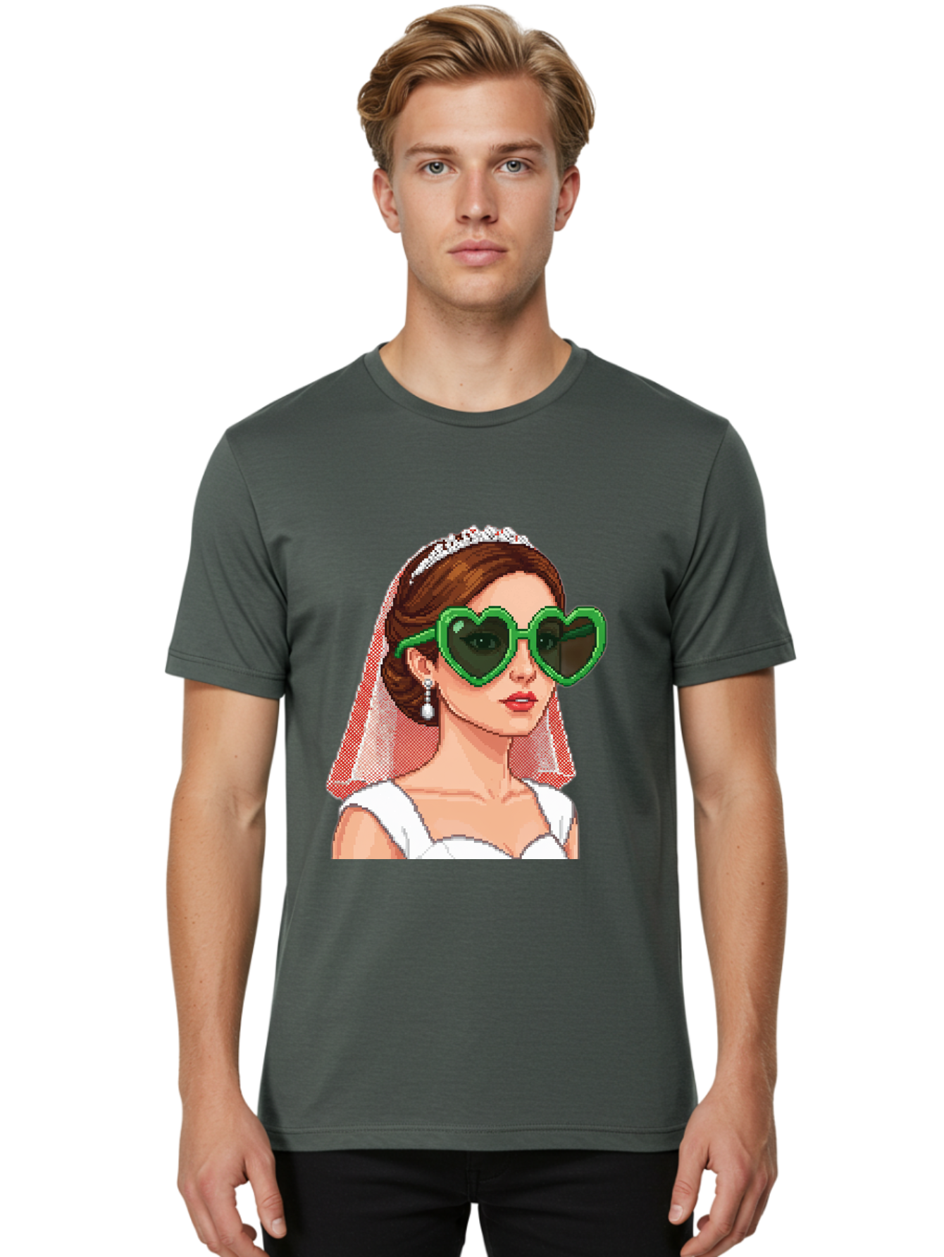 Bride-With-Heart-Shaped-Sunglasses-1 Men'S Graphic Tee, 100% Cotton, Comfortable Casual Summer Wear, Machine Washable, Bride Wearing Heart-Shaped Sunglasses, Trendy Wedding Attire, Stylish Accessories, Veil And Tiara, Modern Fashion, Baa228