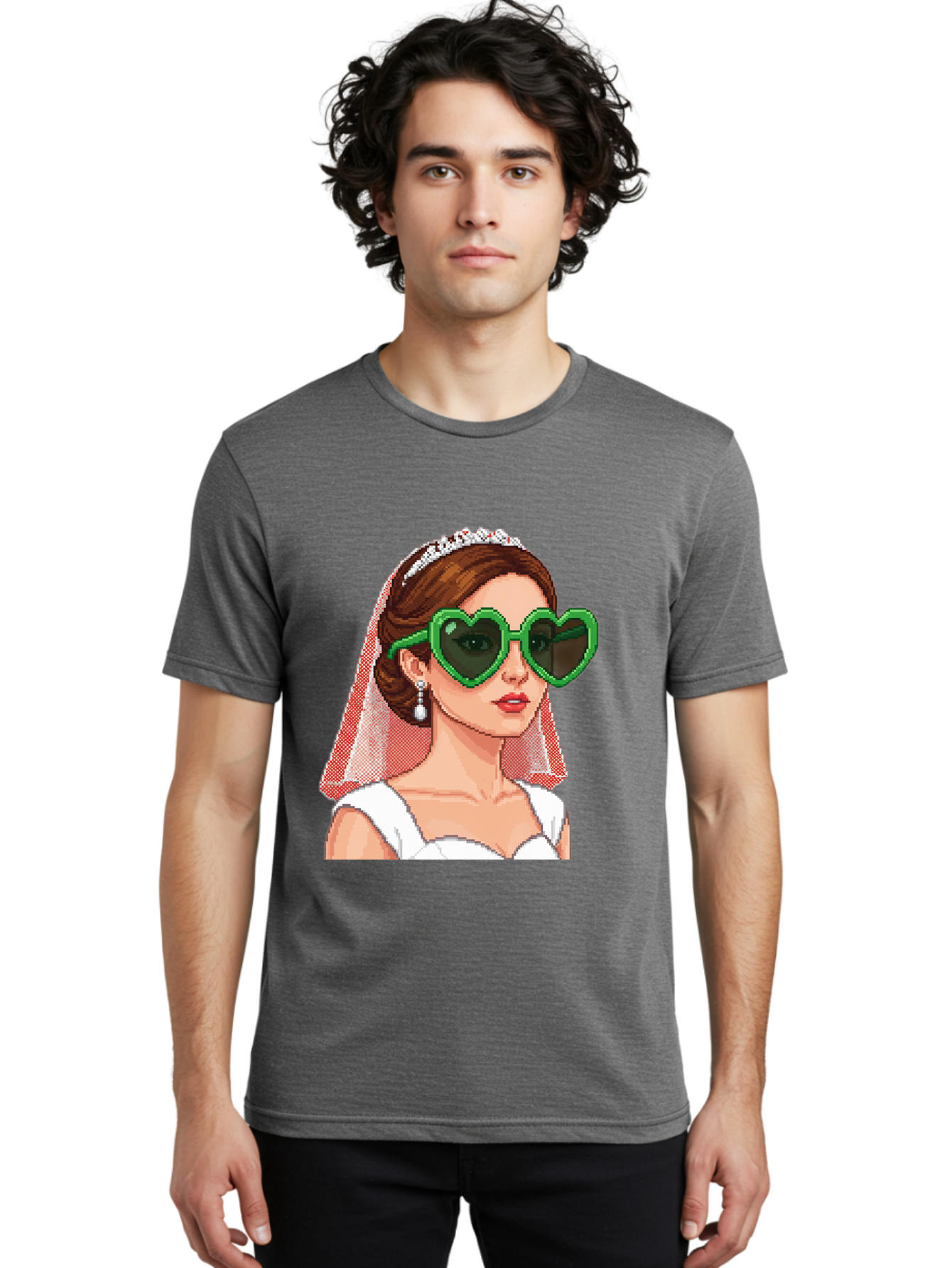 Bride-With-Heart-Shaped-Sunglasses-1 Men'S Graphic Tee, 100% Cotton, Comfortable Casual Summer Wear, Machine Washable, Bride Wearing Heart-Shaped Sunglasses, Trendy Wedding Attire, Stylish Accessories, Veil And Tiara, Modern Fashion, Baa228
