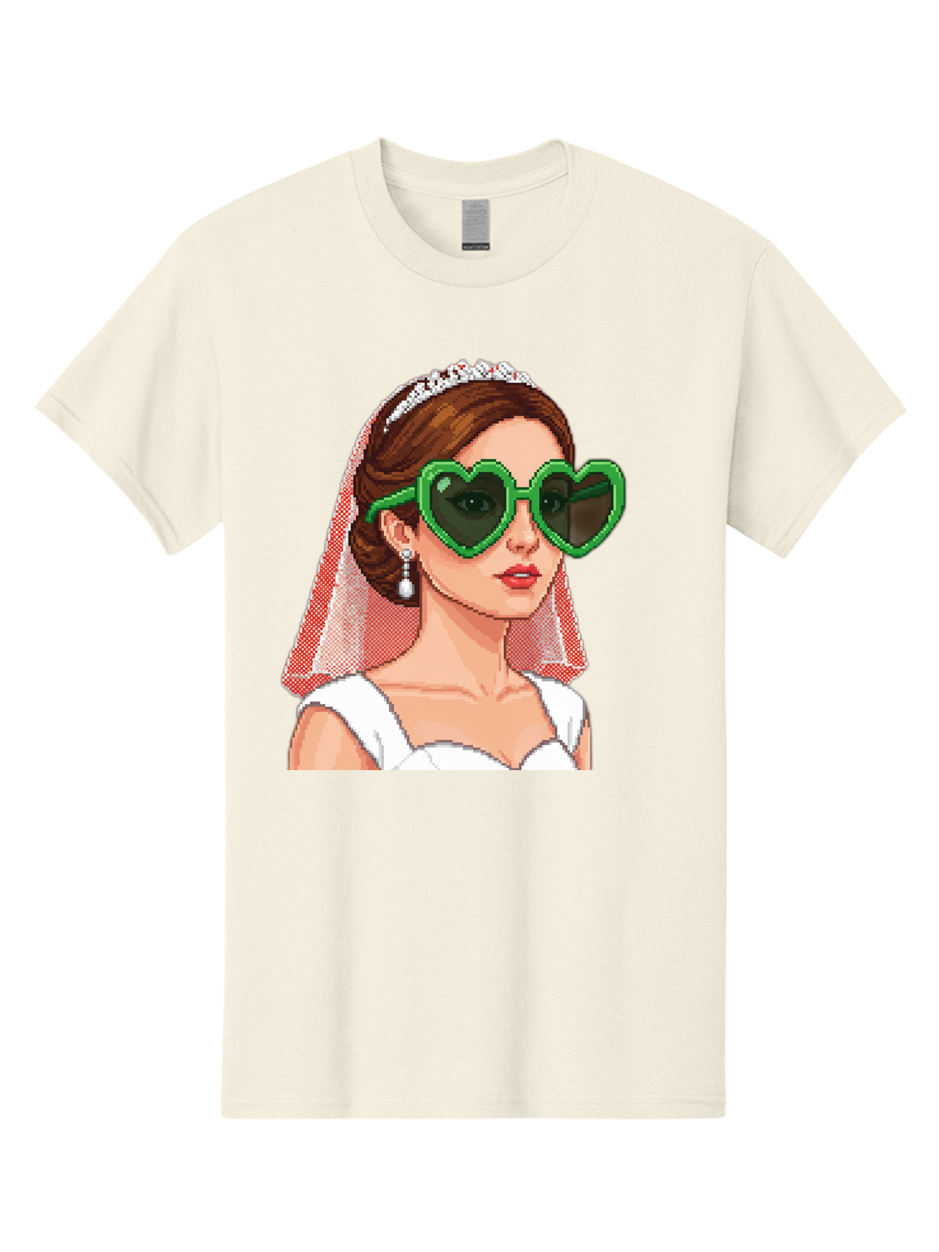 Bride-With-Heart-Shaped-Sunglasses-1 Men'S Graphic Tee, 100% Cotton, Comfortable Casual Summer Wear, Machine Washable, Bride Wearing Heart-Shaped Sunglasses, Trendy Wedding Attire, Stylish Accessories, Veil And Tiara, Modern Fashion, Baa228