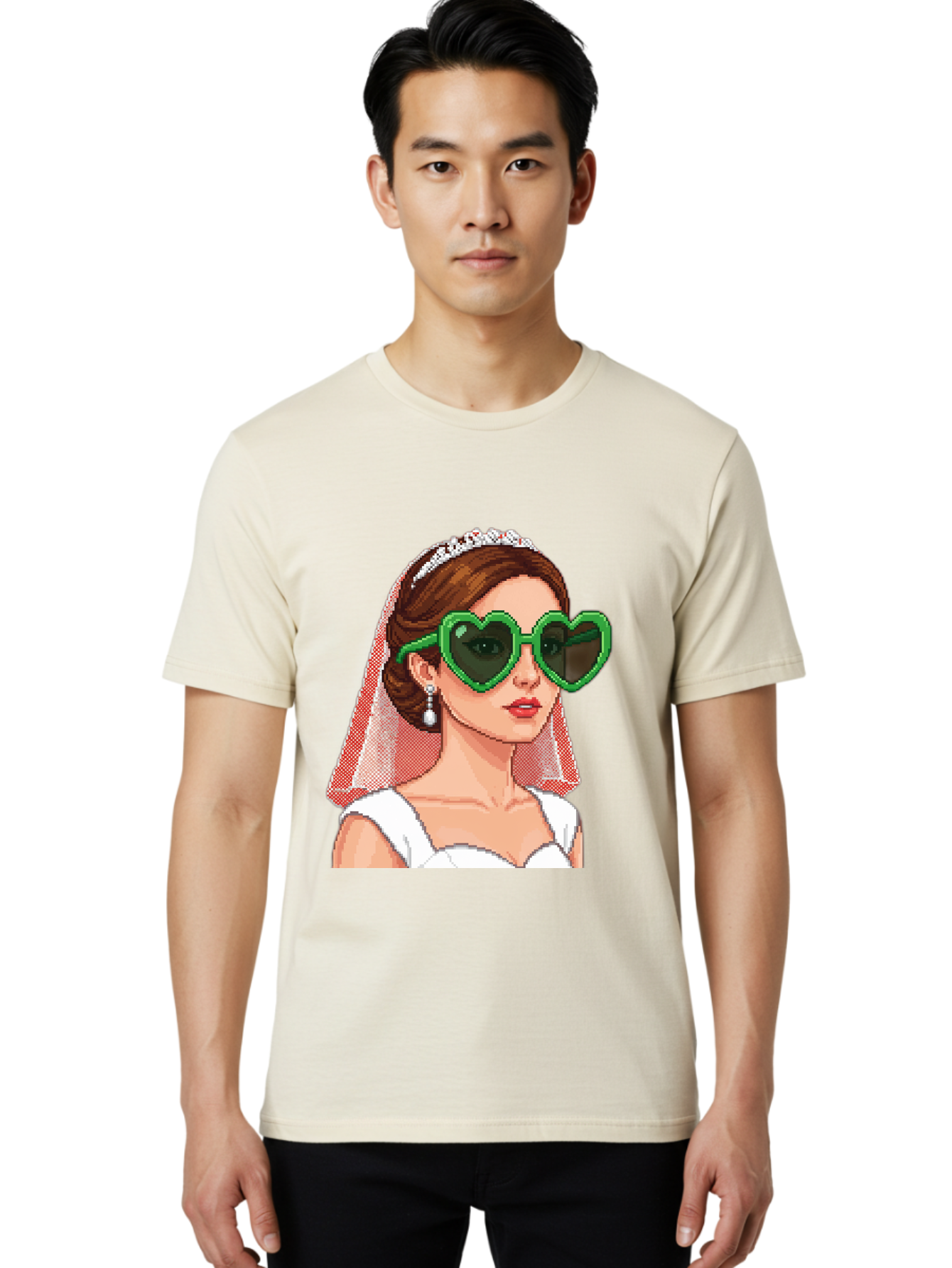 Bride-With-Heart-Shaped-Sunglasses-1 Men'S Graphic Tee, 100% Cotton, Comfortable Casual Summer Wear, Machine Washable, Bride Wearing Heart-Shaped Sunglasses, Trendy Wedding Attire, Stylish Accessories, Veil And Tiara, Modern Fashion, Baa228