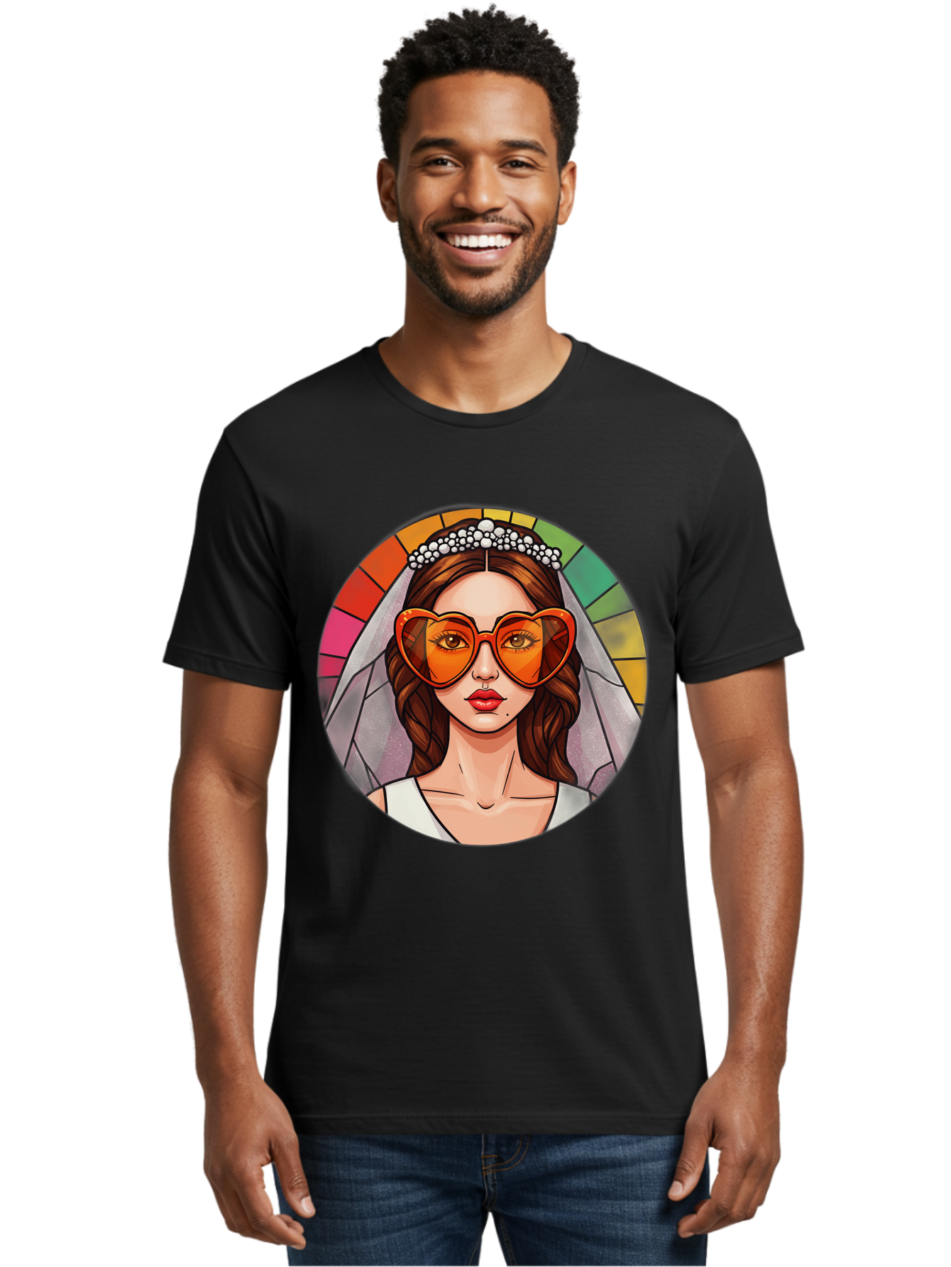 Bride-With-Heart-Shaped-Sunglasses-2 Men'S Graphic Tee, 100% Cotton, Comfortable Casual Summer Wear, Machine Washable, Cartoon Bride, Heart-Shaped Sunglasses, White Veil, Stained Glass Effect, Red Lips, Orange Shades, Wedding Attire, Baa229