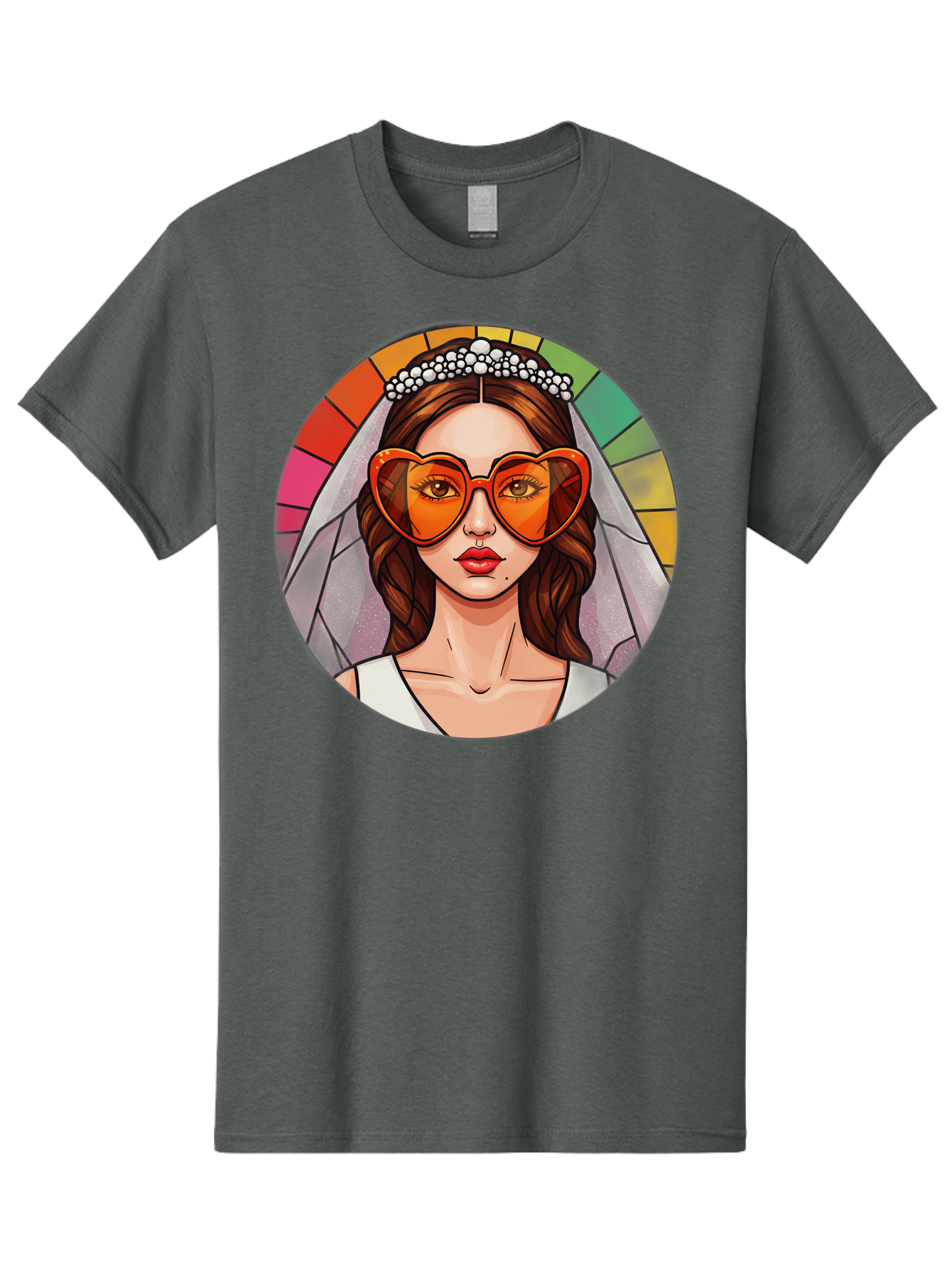 Bride-With-Heart-Shaped-Sunglasses-2 Men'S Graphic Tee, 100% Cotton, Comfortable Casual Summer Wear, Machine Washable, Cartoon Bride, Heart-Shaped Sunglasses, White Veil, Stained Glass Effect, Red Lips, Orange Shades, Wedding Attire, Baa229