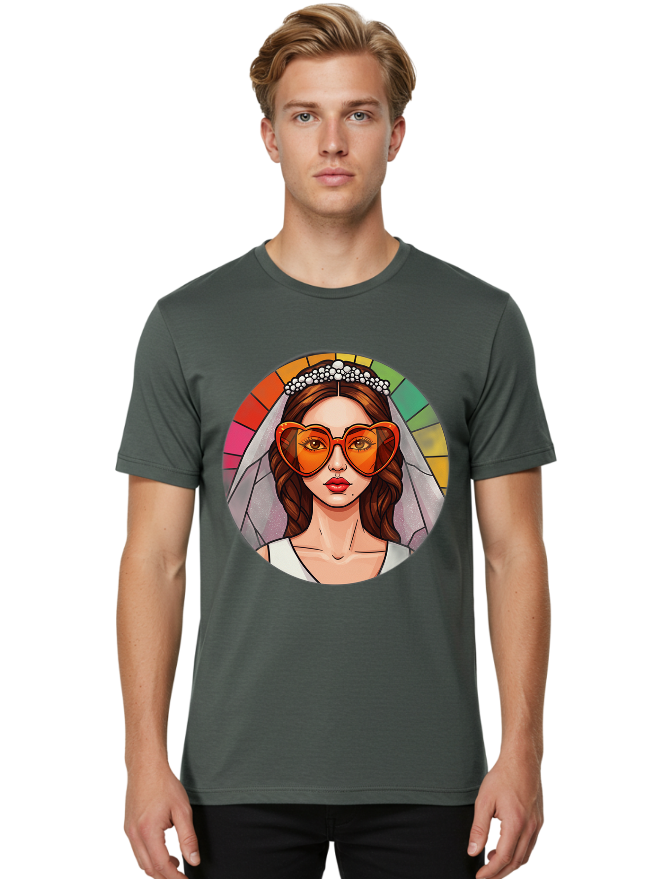 Bride-With-Heart-Shaped-Sunglasses-2 Men'S Graphic Tee, 100% Cotton, Comfortable Casual Summer Wear, Machine Washable, Cartoon Bride, Heart-Shaped Sunglasses, White Veil, Stained Glass Effect, Red Lips, Orange Shades, Wedding Attire, Baa229