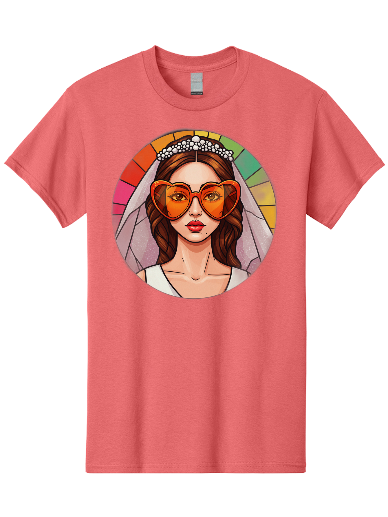 Bride-With-Heart-Shaped-Sunglasses-2 Men'S Graphic Tee, 100% Cotton, Comfortable Casual Summer Wear, Machine Washable, Cartoon Bride, Heart-Shaped Sunglasses, White Veil, Stained Glass Effect, Red Lips, Orange Shades, Wedding Attire, Baa229