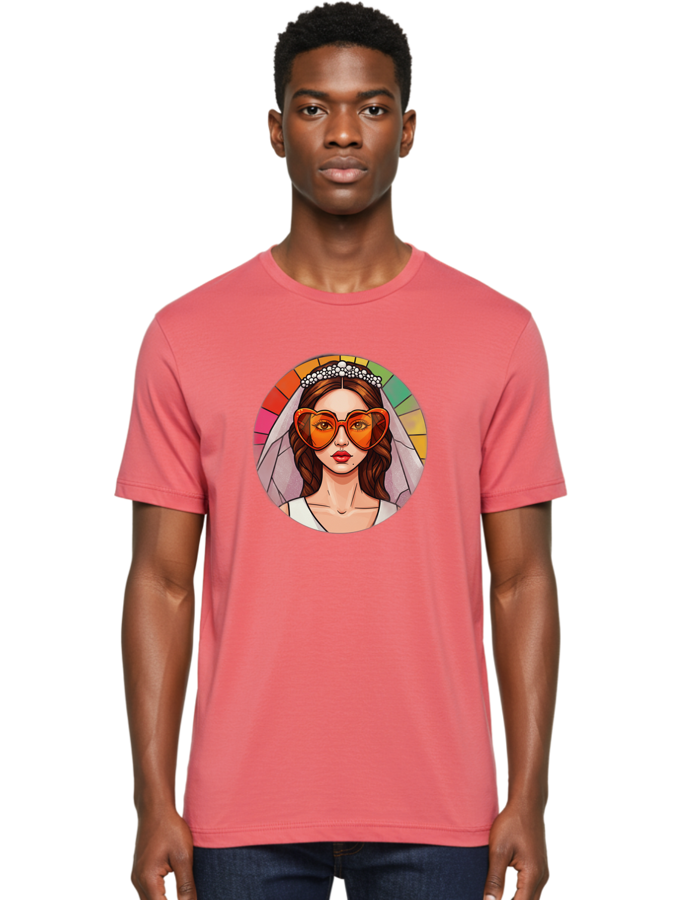 Bride-With-Heart-Shaped-Sunglasses-2 Men'S Graphic Tee, 100% Cotton, Comfortable Casual Summer Wear, Machine Washable, Cartoon Bride, Heart-Shaped Sunglasses, White Veil, Stained Glass Effect, Red Lips, Orange Shades, Wedding Attire, Baa229