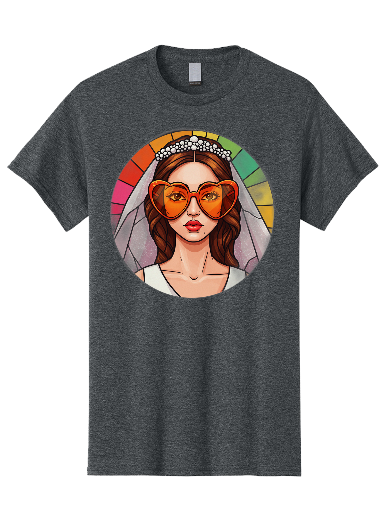 Bride-With-Heart-Shaped-Sunglasses-2 Men'S Graphic Tee, 100% Cotton, Comfortable Casual Summer Wear, Machine Washable, Cartoon Bride, Heart-Shaped Sunglasses, White Veil, Stained Glass Effect, Red Lips, Orange Shades, Wedding Attire, Baa229