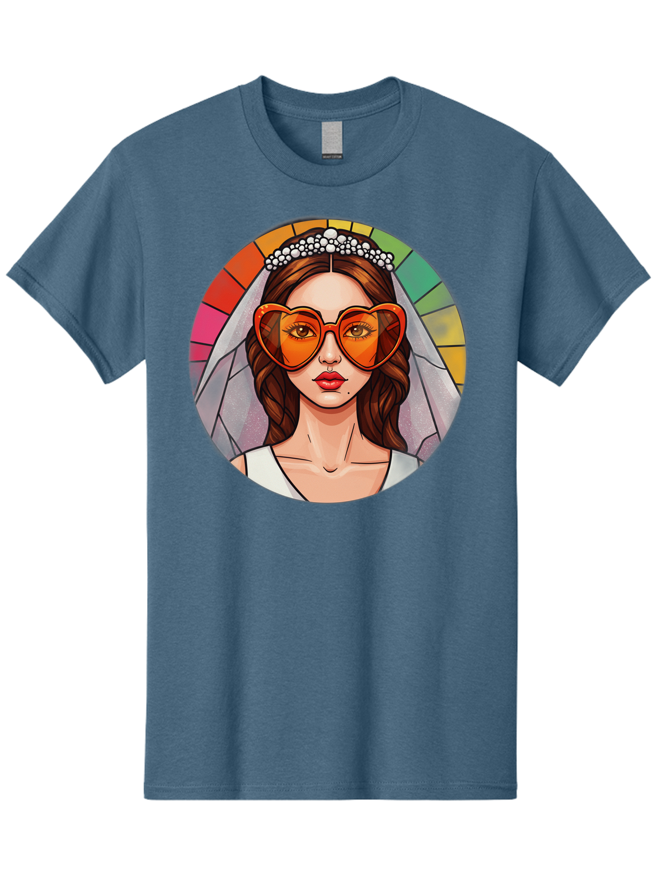 Bride-With-Heart-Shaped-Sunglasses-2 Men'S Graphic Tee, 100% Cotton, Comfortable Casual Summer Wear, Machine Washable, Cartoon Bride, Heart-Shaped Sunglasses, White Veil, Stained Glass Effect, Red Lips, Orange Shades, Wedding Attire, Baa229