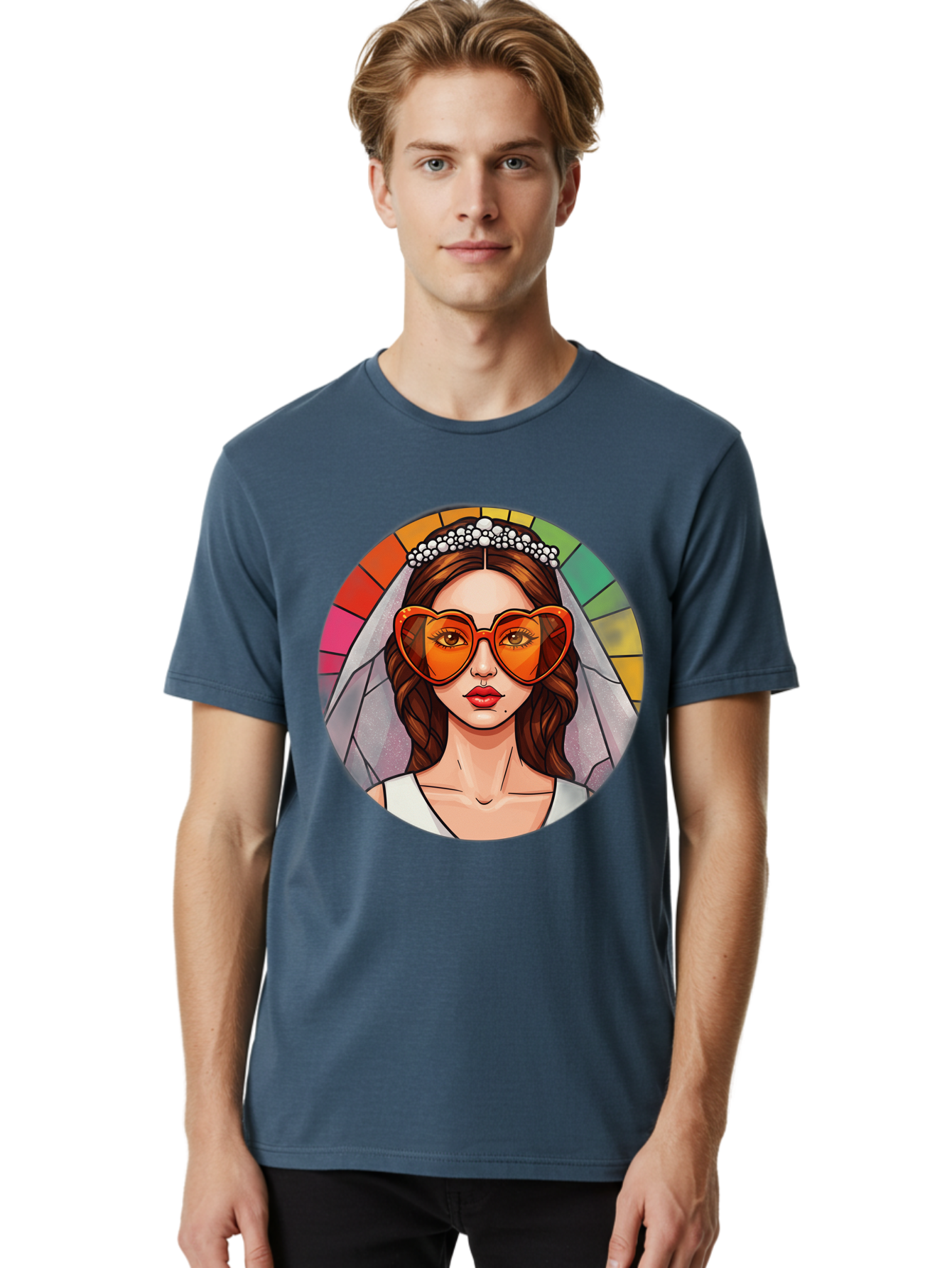 Bride-With-Heart-Shaped-Sunglasses-2 Men'S Graphic Tee, 100% Cotton, Comfortable Casual Summer Wear, Machine Washable, Cartoon Bride, Heart-Shaped Sunglasses, White Veil, Stained Glass Effect, Red Lips, Orange Shades, Wedding Attire, Baa229