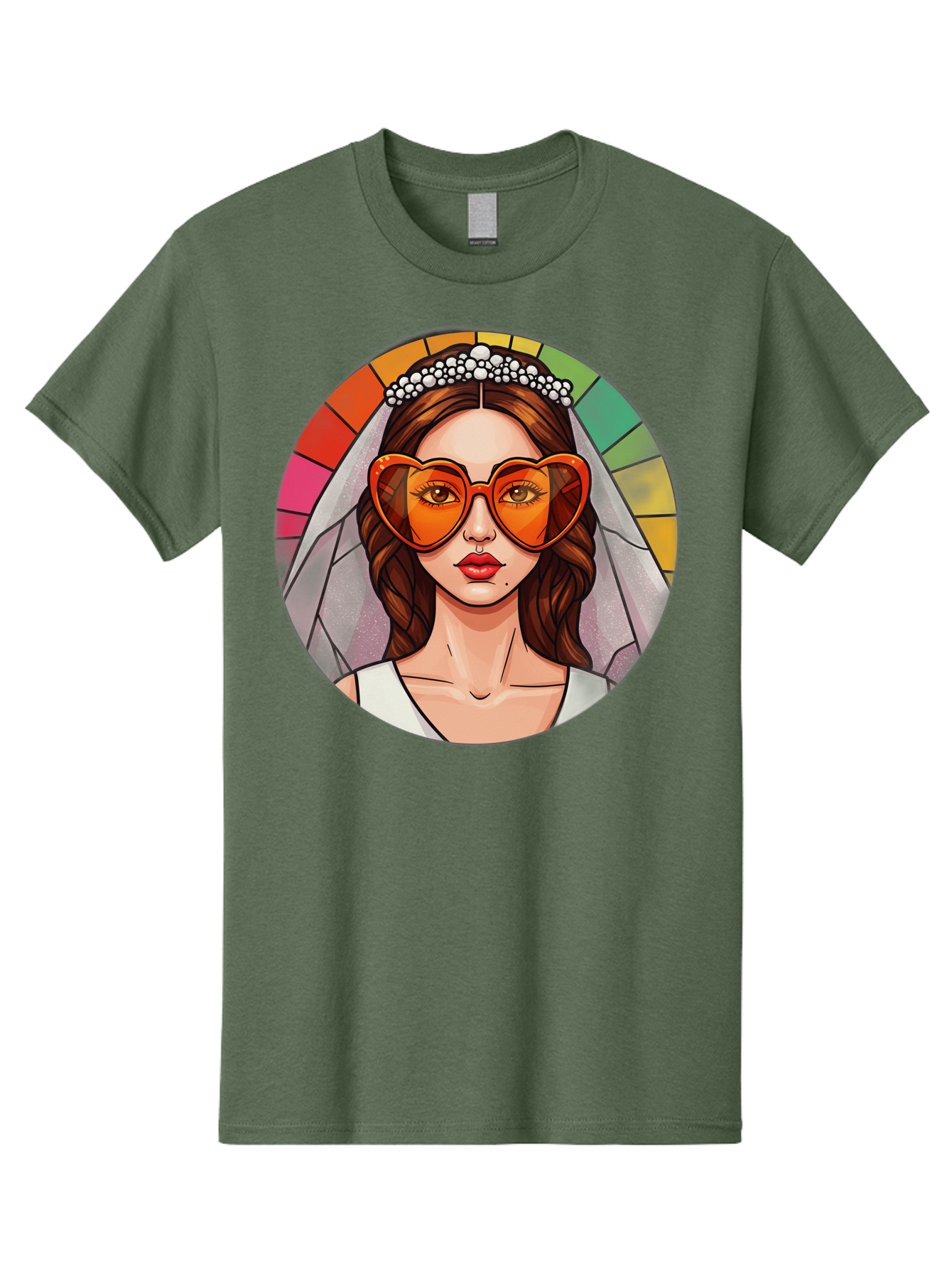 Bride-With-Heart-Shaped-Sunglasses-2 Men'S Graphic Tee, 100% Cotton, Comfortable Casual Summer Wear, Machine Washable, Cartoon Bride, Heart-Shaped Sunglasses, White Veil, Stained Glass Effect, Red Lips, Orange Shades, Wedding Attire, Baa229