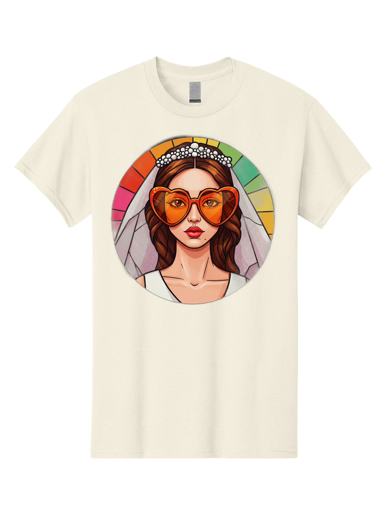 Bride-With-Heart-Shaped-Sunglasses-2 Men'S Graphic Tee, 100% Cotton, Comfortable Casual Summer Wear, Machine Washable, Cartoon Bride, Heart-Shaped Sunglasses, White Veil, Stained Glass Effect, Red Lips, Orange Shades, Wedding Attire, Baa229