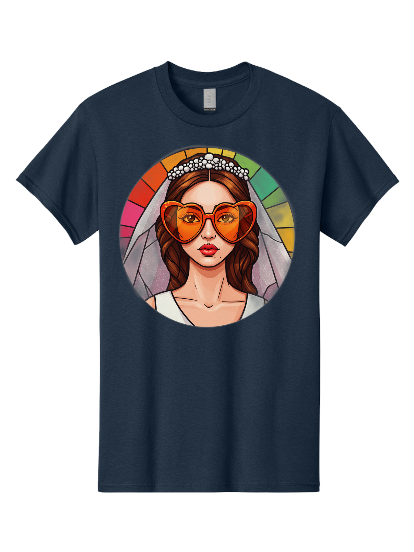 Bride-With-Heart-Shaped-Sunglasses-2 Men'S Graphic Tee, 100% Cotton, Comfortable Casual Summer Wear, Machine Washable, Cartoon Bride, Heart-Shaped Sunglasses, White Veil, Stained Glass Effect, Red Lips, Orange Shades, Wedding Attire, Baa229