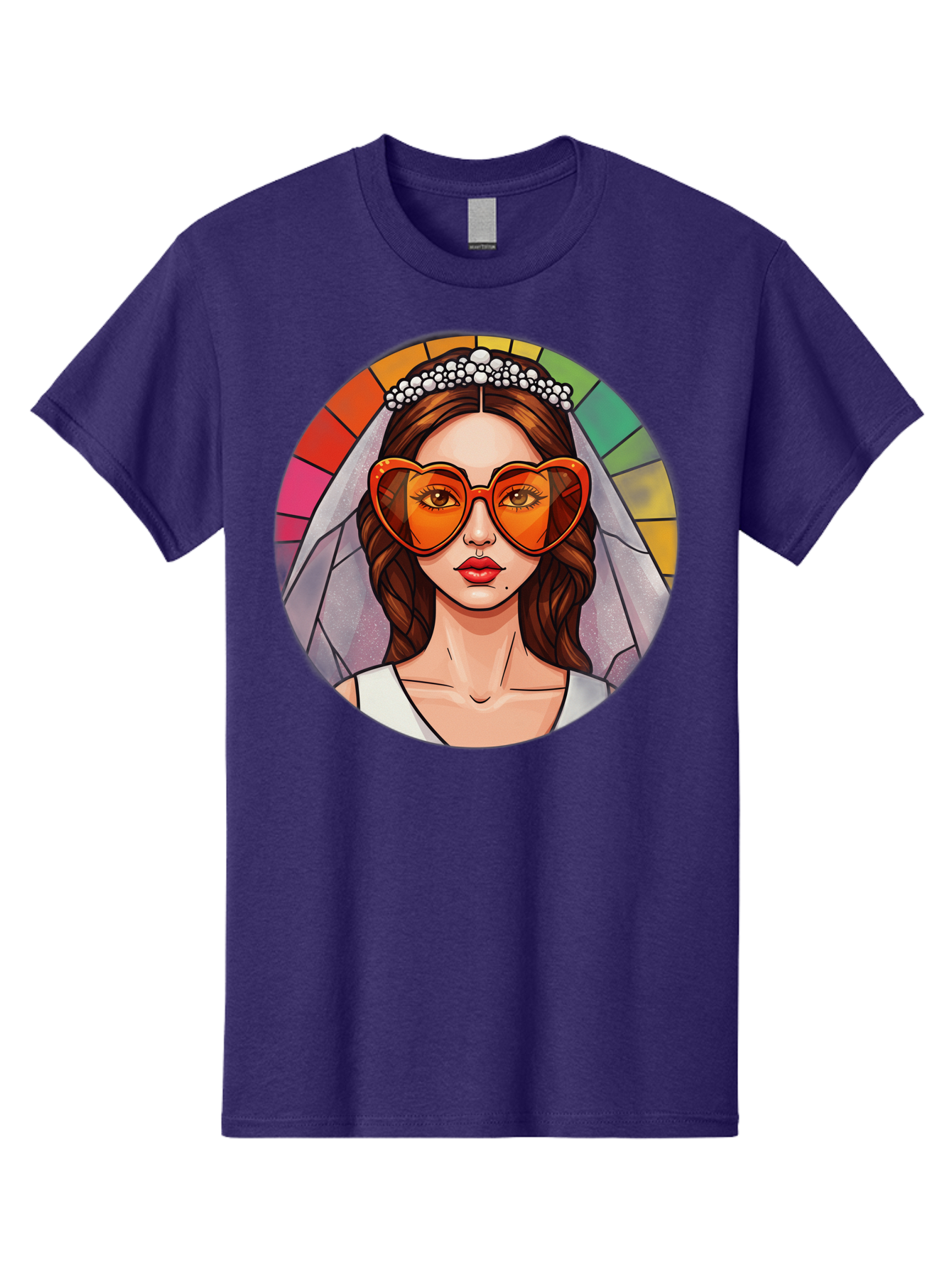 Bride-With-Heart-Shaped-Sunglasses-2 Men'S Graphic Tee, 100% Cotton, Comfortable Casual Summer Wear, Machine Washable, Cartoon Bride, Heart-Shaped Sunglasses, White Veil, Stained Glass Effect, Red Lips, Orange Shades, Wedding Attire, Baa229