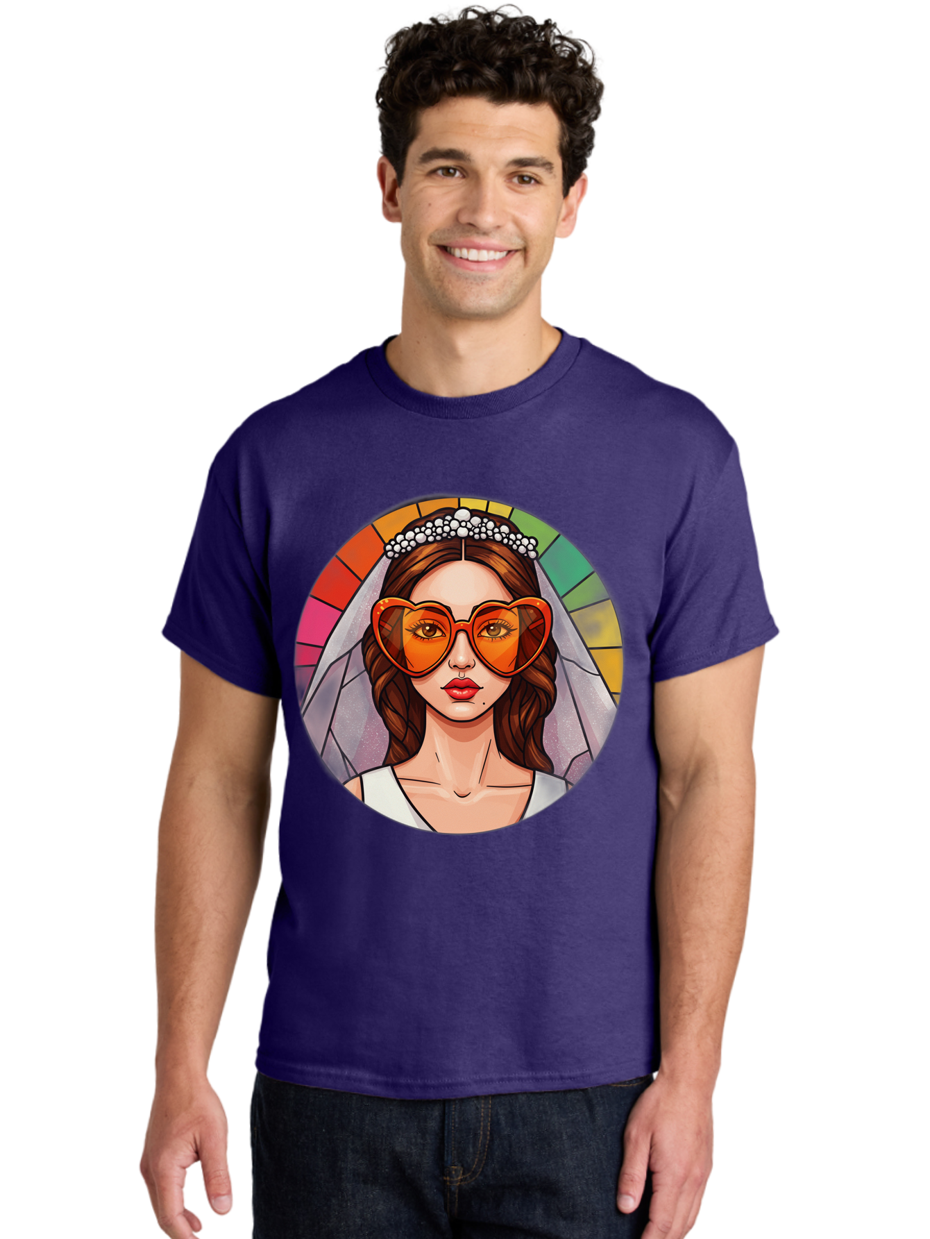 Bride-With-Heart-Shaped-Sunglasses-2 Men'S Graphic Tee, 100% Cotton, Comfortable Casual Summer Wear, Machine Washable, Cartoon Bride, Heart-Shaped Sunglasses, White Veil, Stained Glass Effect, Red Lips, Orange Shades, Wedding Attire, Baa229