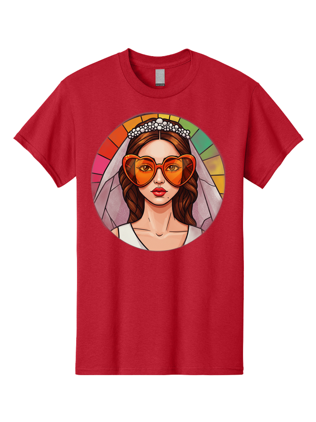 Bride-With-Heart-Shaped-Sunglasses-2 Men'S Graphic Tee, 100% Cotton, Comfortable Casual Summer Wear, Machine Washable, Cartoon Bride, Heart-Shaped Sunglasses, White Veil, Stained Glass Effect, Red Lips, Orange Shades, Wedding Attire, Baa229