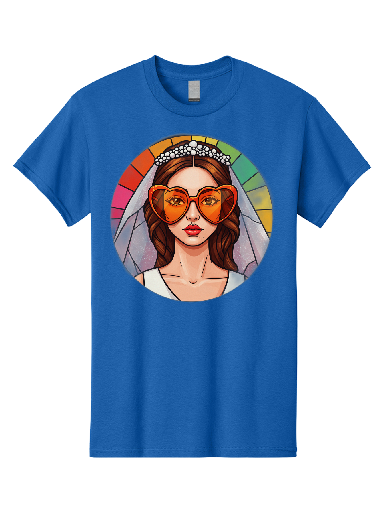 Bride-With-Heart-Shaped-Sunglasses-2 Men'S Graphic Tee, 100% Cotton, Comfortable Casual Summer Wear, Machine Washable, Cartoon Bride, Heart-Shaped Sunglasses, White Veil, Stained Glass Effect, Red Lips, Orange Shades, Wedding Attire, Baa229