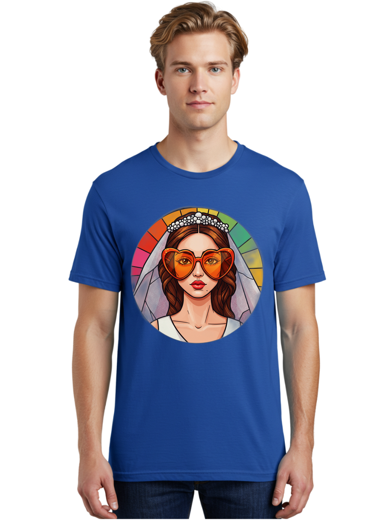 Bride-With-Heart-Shaped-Sunglasses-2 Men'S Graphic Tee, 100% Cotton, Comfortable Casual Summer Wear, Machine Washable, Cartoon Bride, Heart-Shaped Sunglasses, White Veil, Stained Glass Effect, Red Lips, Orange Shades, Wedding Attire, Baa229