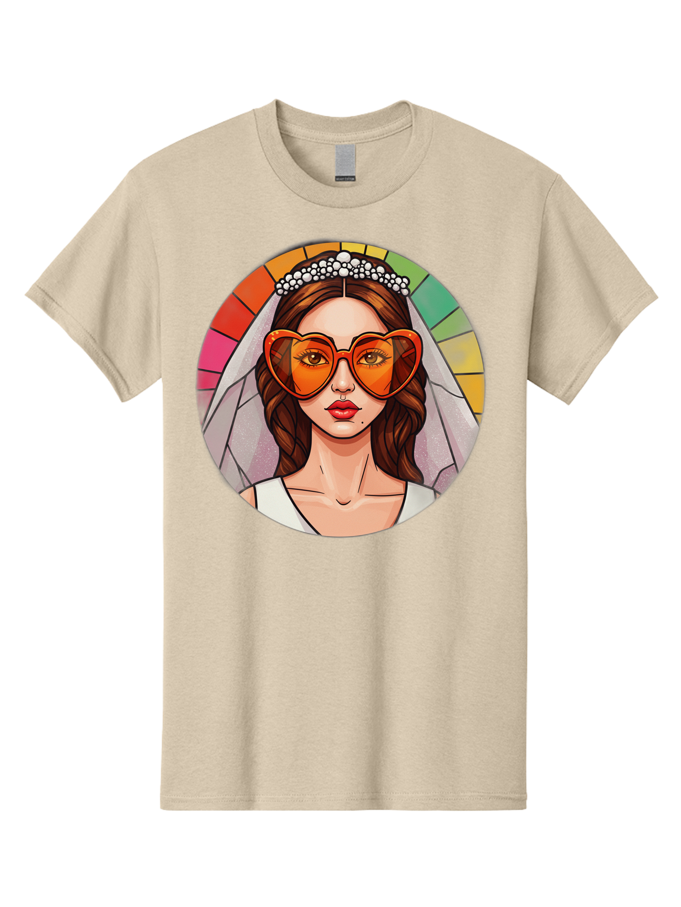 Bride-With-Heart-Shaped-Sunglasses-2 Men'S Graphic Tee, 100% Cotton, Comfortable Casual Summer Wear, Machine Washable, Cartoon Bride, Heart-Shaped Sunglasses, White Veil, Stained Glass Effect, Red Lips, Orange Shades, Wedding Attire, Baa229
