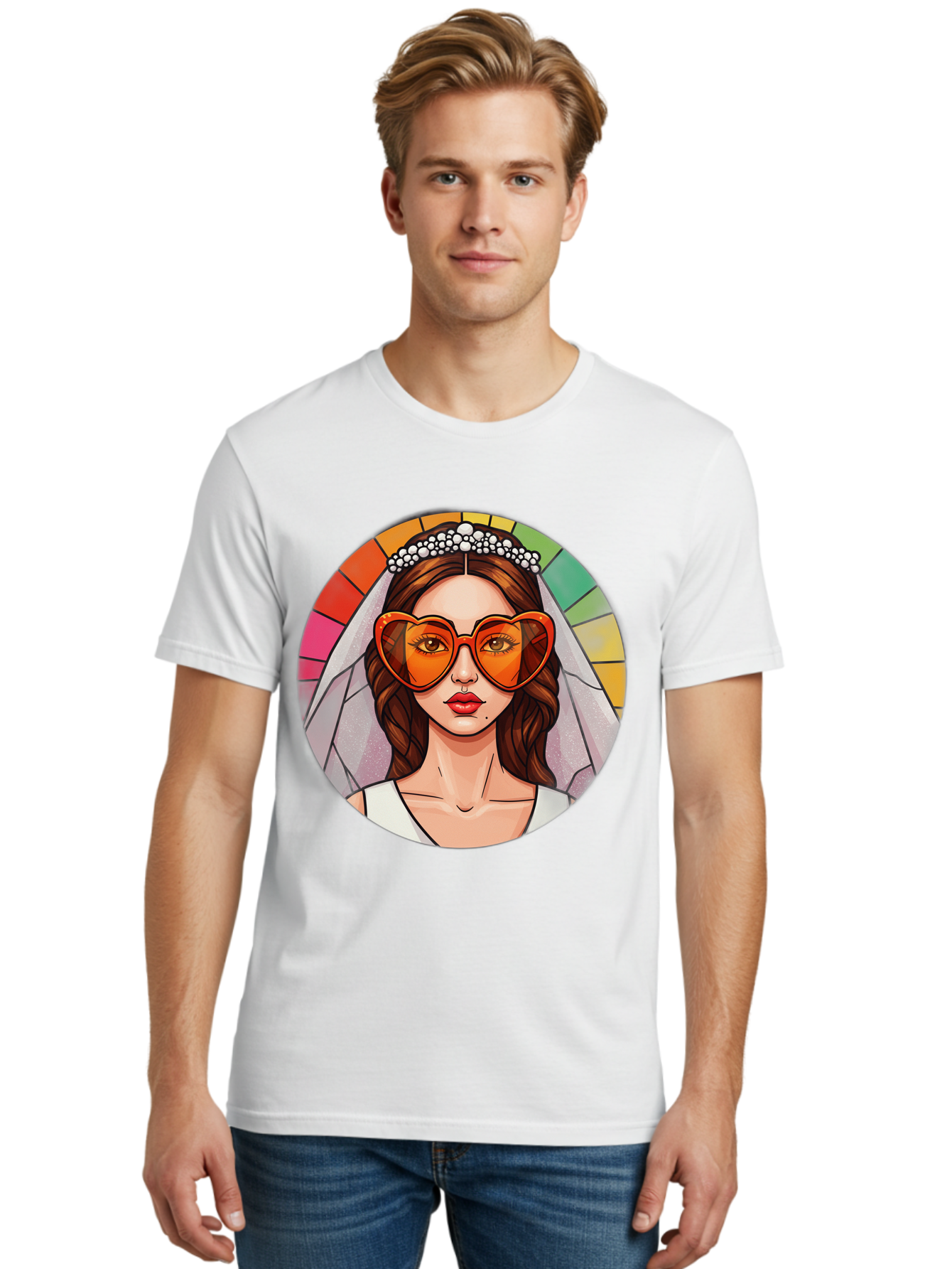 Bride-With-Heart-Shaped-Sunglasses-2 Men'S Graphic Tee, 100% Cotton, Comfortable Casual Summer Wear, Machine Washable, Cartoon Bride, Heart-Shaped Sunglasses, White Veil, Stained Glass Effect, Red Lips, Orange Shades, Wedding Attire, Baa229