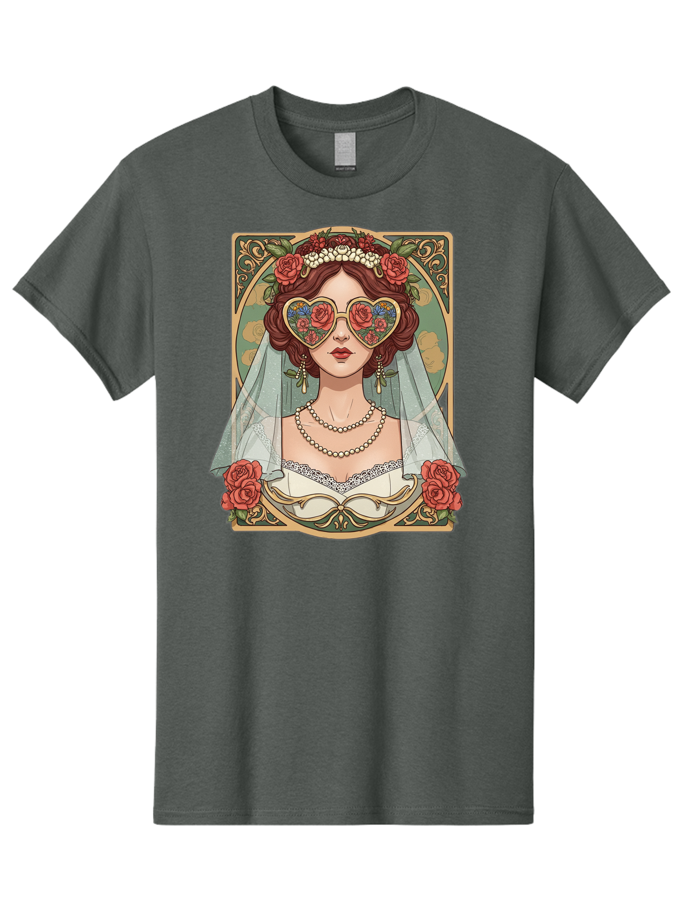 Bride-With-Heart-Shaped-Sunglasses-3 Men'S Graphic Tee, 100% Cotton, Comfortable Casual Summer Wear, Machine Washable, Bride Wearing Heart-Shaped Sunglasses, Floral Pattern, Vintage Style, Ornate Frame, White Wedding Dress, Red Roses, Baa230