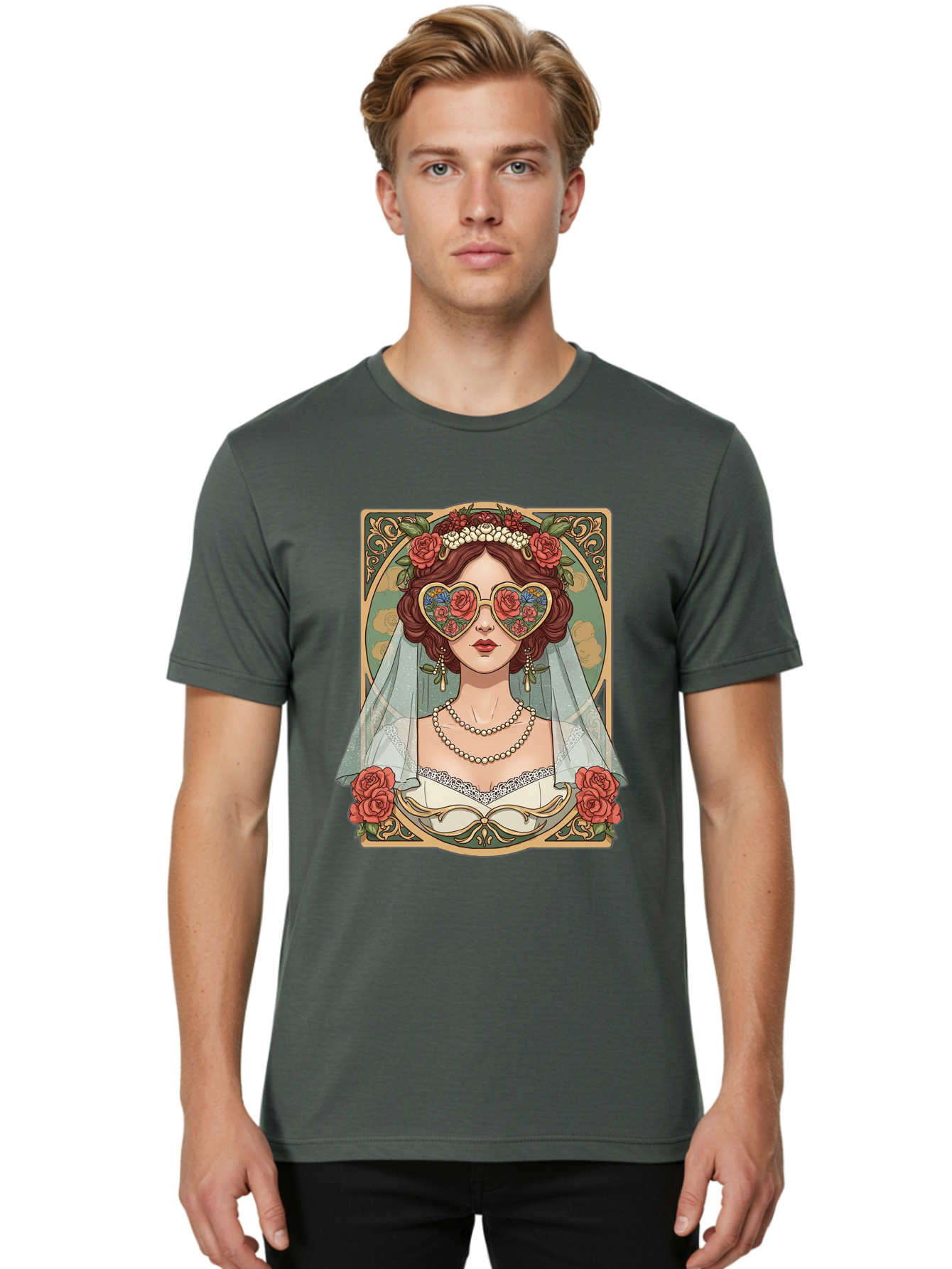 Bride-With-Heart-Shaped-Sunglasses-3 Men'S Graphic Tee, 100% Cotton, Comfortable Casual Summer Wear, Machine Washable, Bride Wearing Heart-Shaped Sunglasses, Floral Pattern, Vintage Style, Ornate Frame, White Wedding Dress, Red Roses, Baa230